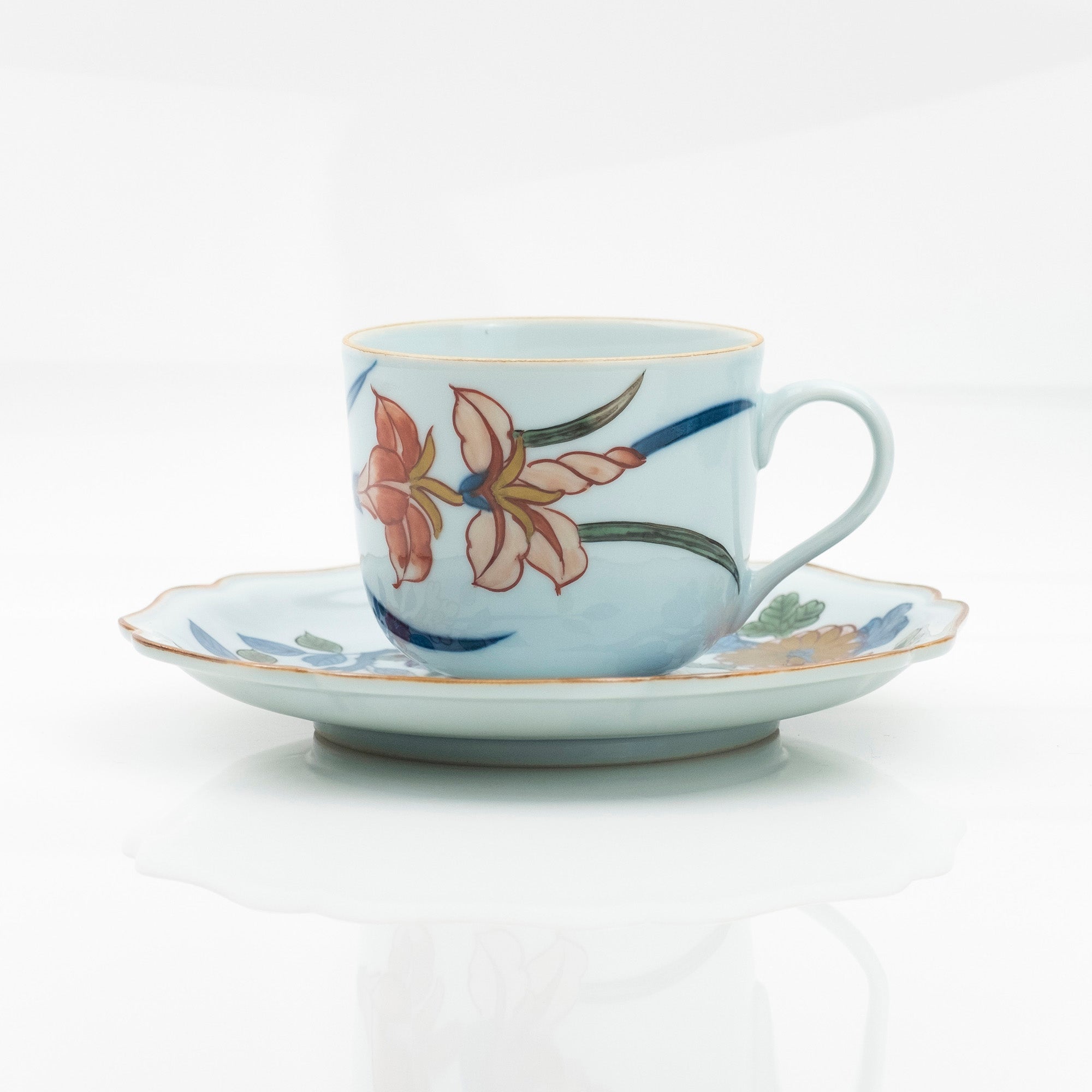 Gen'emon Kiln Dyed Nishiki Flower and Grass Pattern Cup and Saucer Arita Ware Old Imari Style (1)