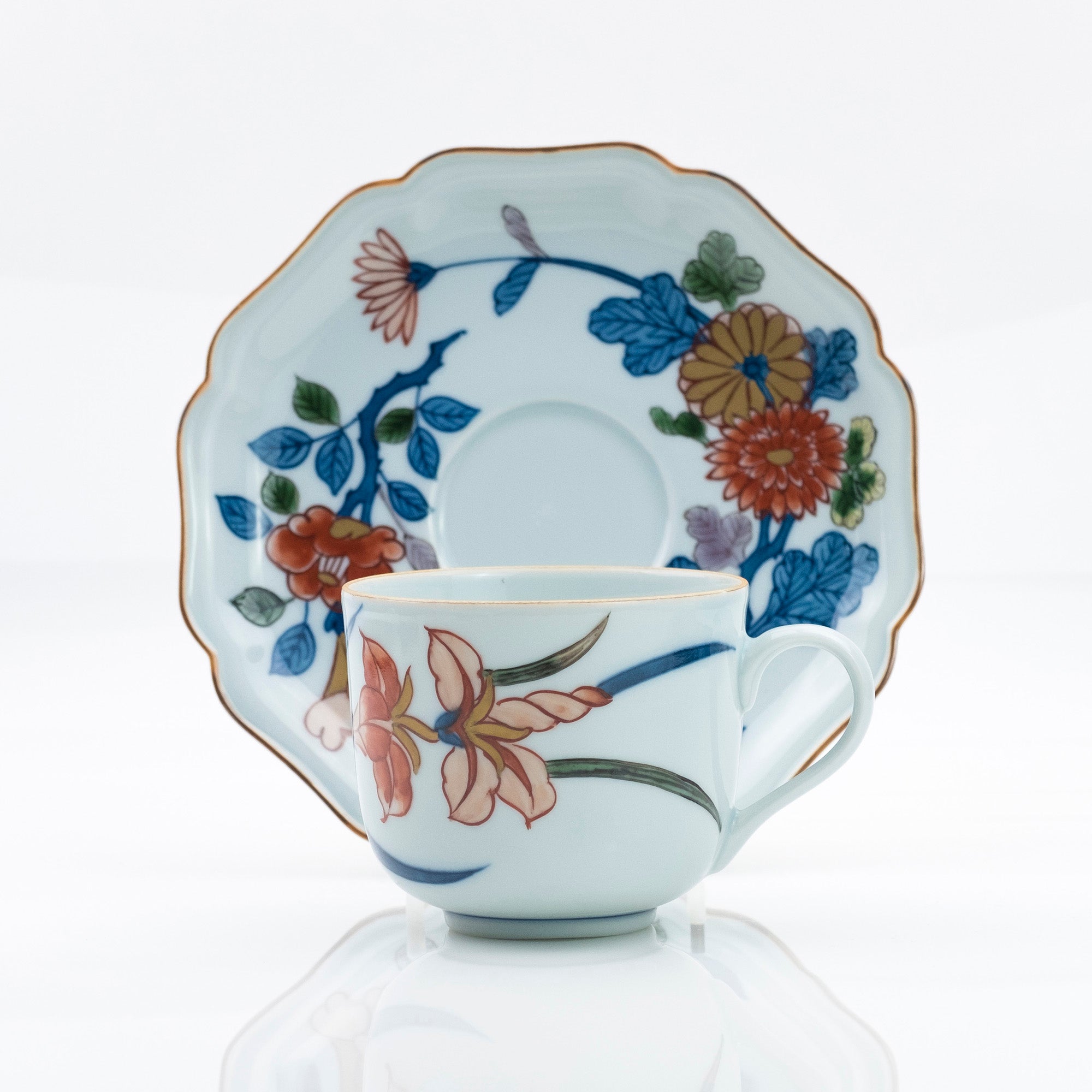Gen'emon Kiln Dyed Nishiki Flower and Grass Pattern Cup and Saucer Arita Ware Old Imari Style (1)