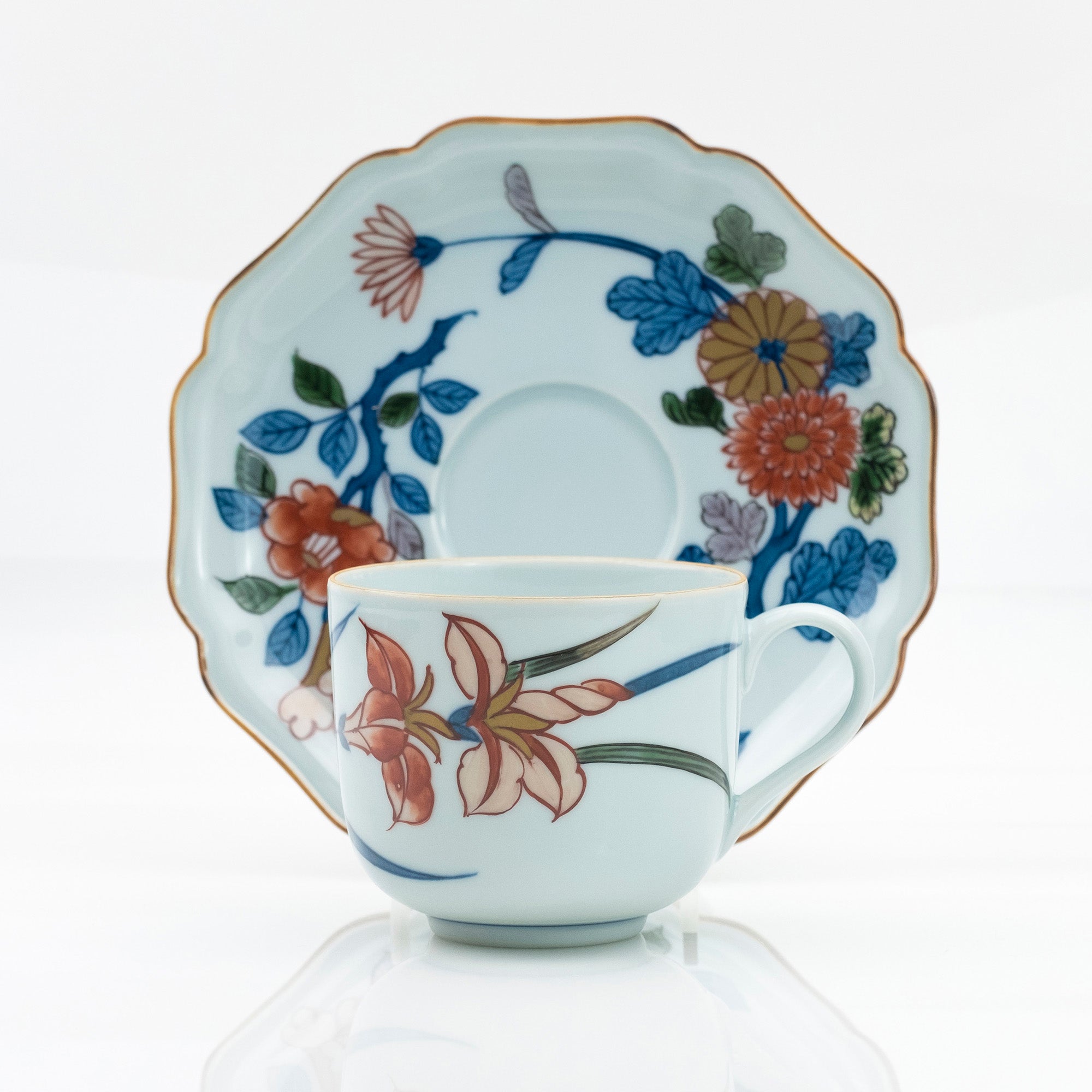 Gen'emon Kiln Dyed Nishiki Flower and Grass Pattern Cup and Saucer Arita Ware Old Imari Style (2)