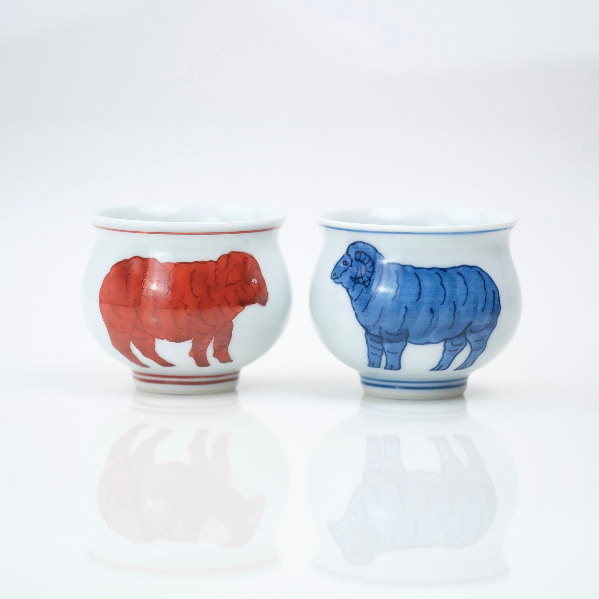 Gen'emon Kiln, Dark Blue and Red Zodiac, Sheep, Sake Cup, Arita Ware, Wooden Box, Lucky Charm