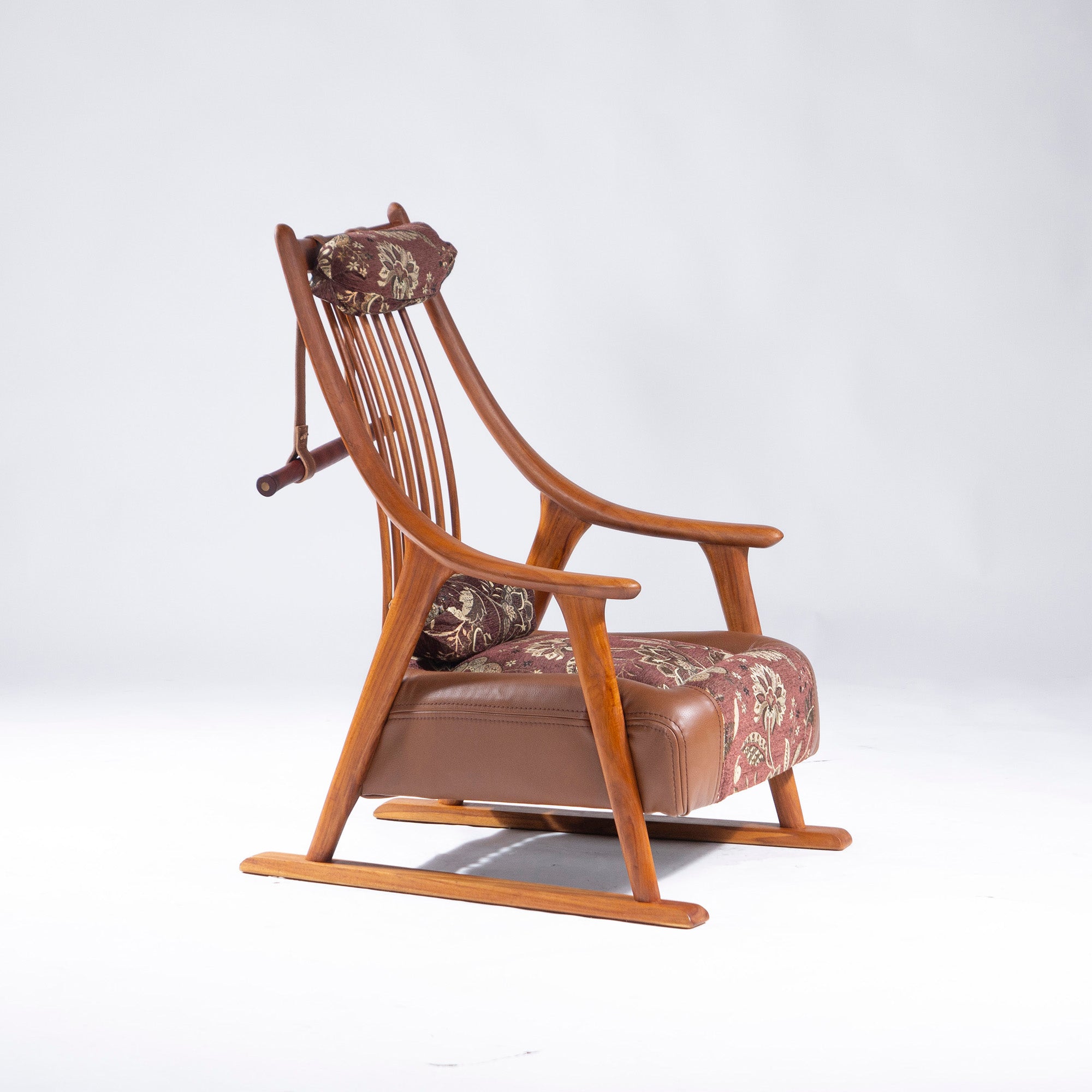 BC Kobo Lounge Chair, Craft Chair, Solid Teak, Genuine Leather, Fabric, Cushion Included, Personal Chair, Armchair, Japanese Modern