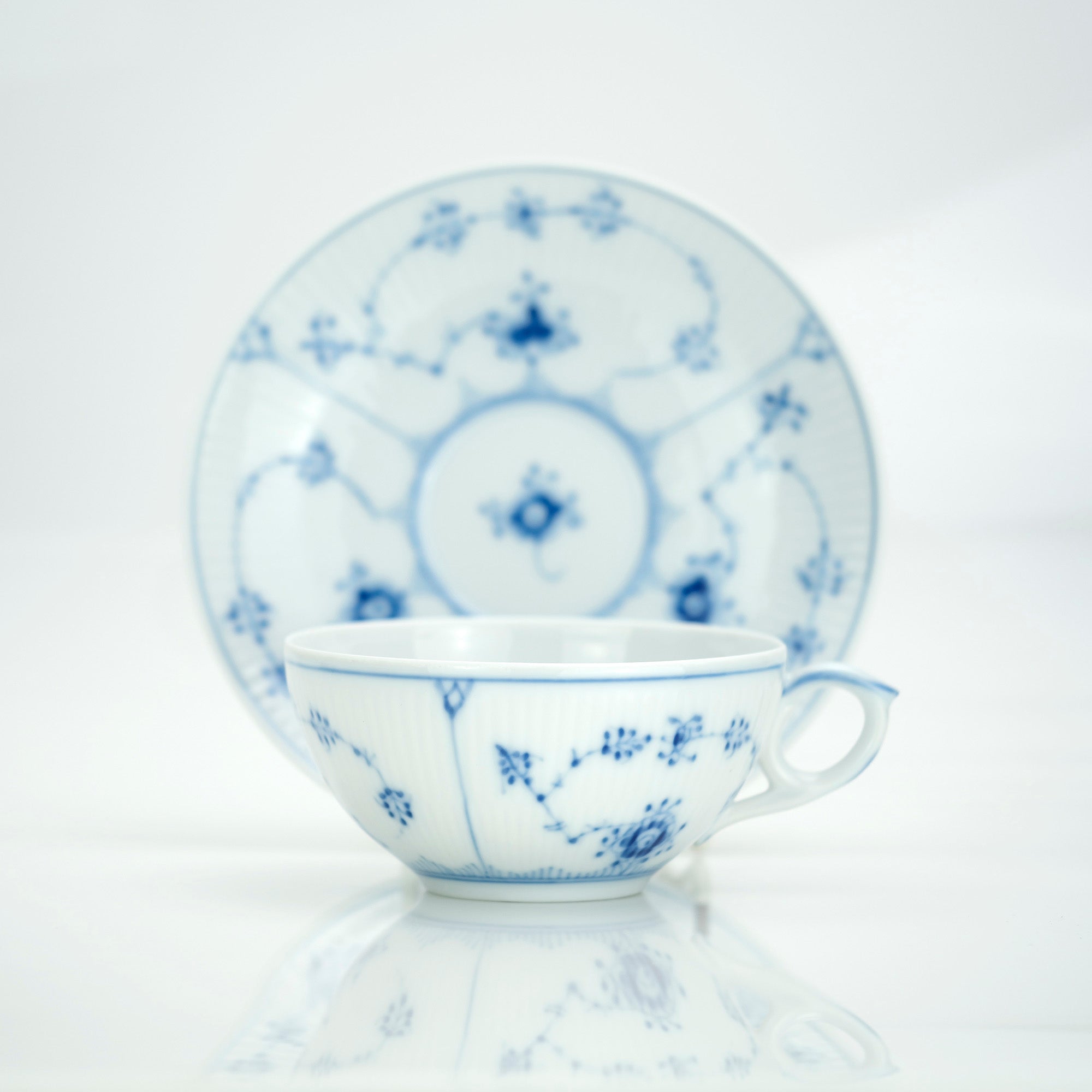 Royal Copenhagen Blue Fluted Plain Teacup and Saucer (2) in good condition