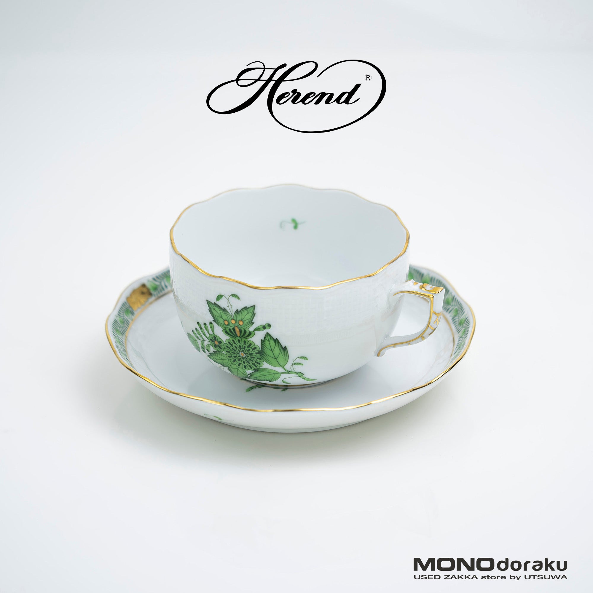 ヘレンド アポニー グリーン Herend Apponyi Green ティーカップ&ソーサー 金彩 ハンドペイント