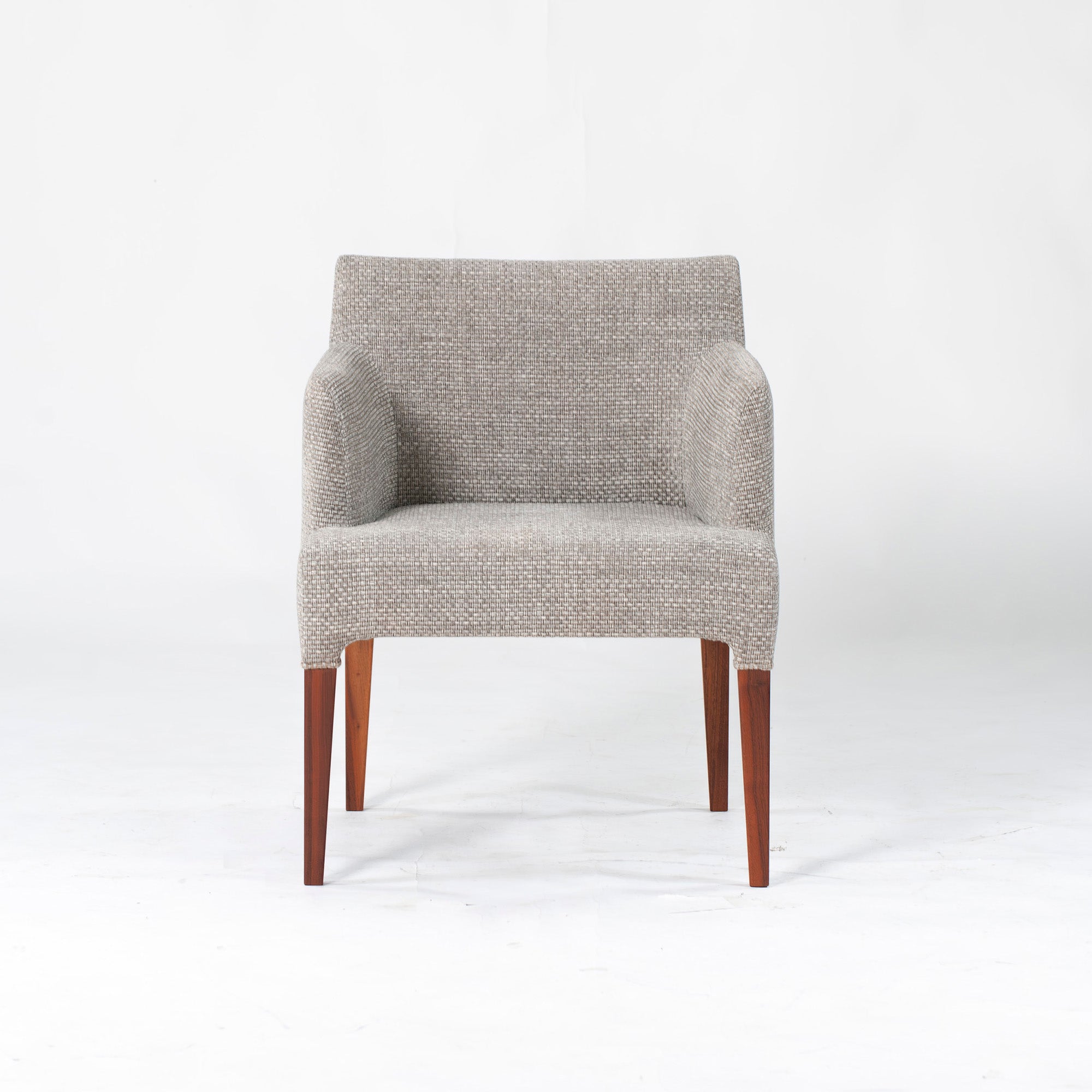 Ritzwell C-LINE armchairs in walnut (2), oil-finished with fabric upholstery. Simple, Scandinavian modern design.