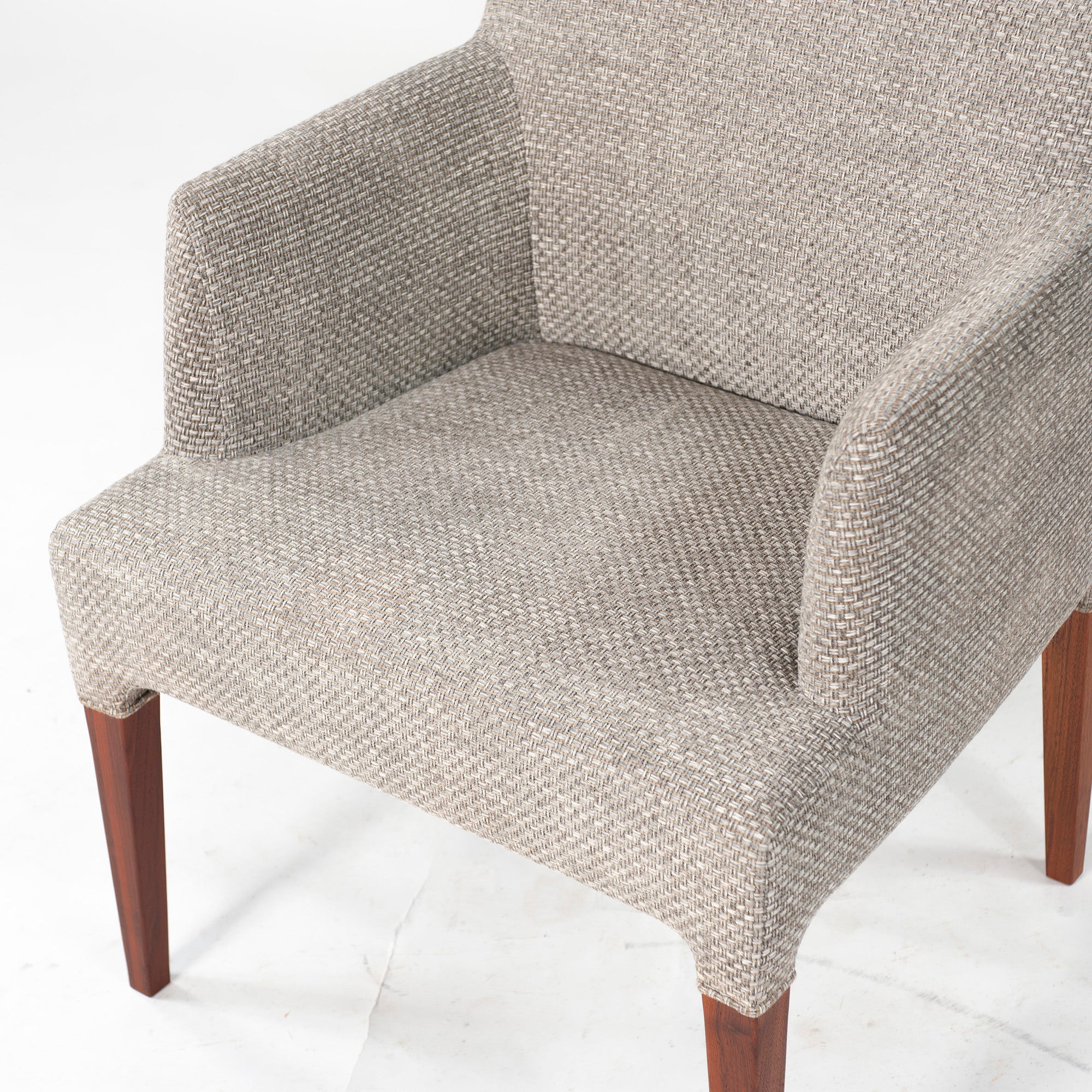 Ritzwell C-LINE armchairs in walnut (2), oil-finished with fabric upholstery. Simple, Scandinavian modern design.