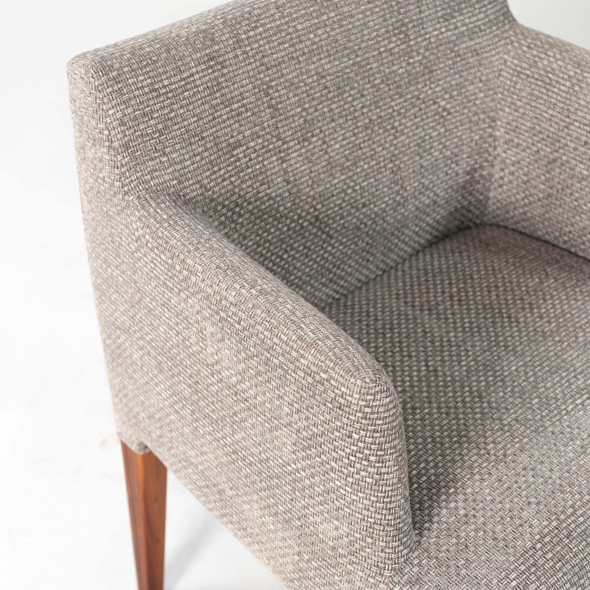 Ritzwell C-LINE armchairs in walnut (2), oil-finished with fabric upholstery. Simple, Scandinavian modern design.