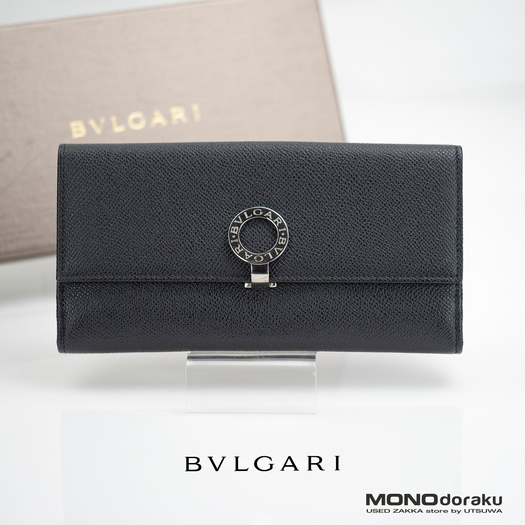 BVLGARI Logo Clip Bi-fold Long Wallet Grained Calf Leather Black 30416