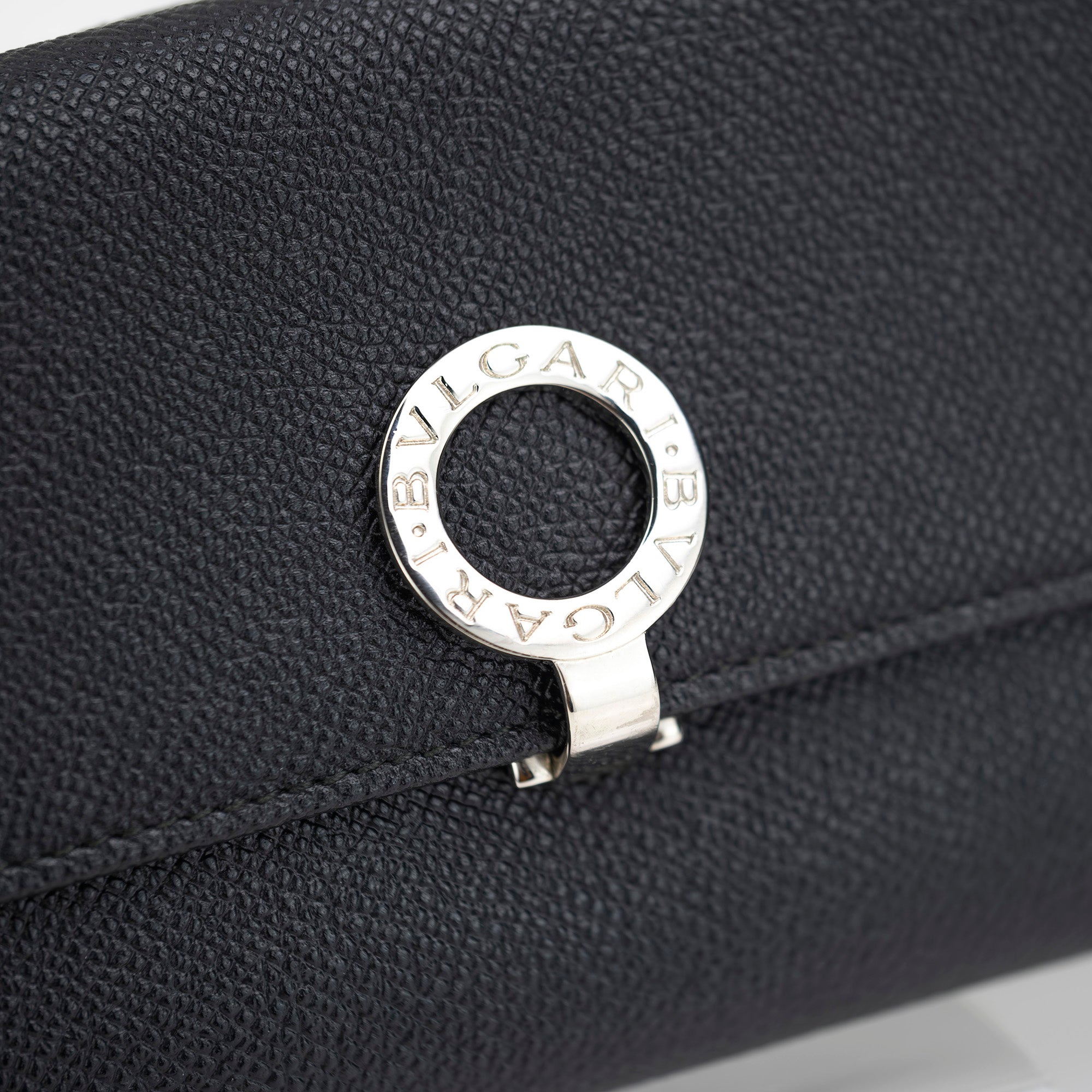 BVLGARI Logo Clip Bi-fold Long Wallet Grained Calf Leather Black 30416