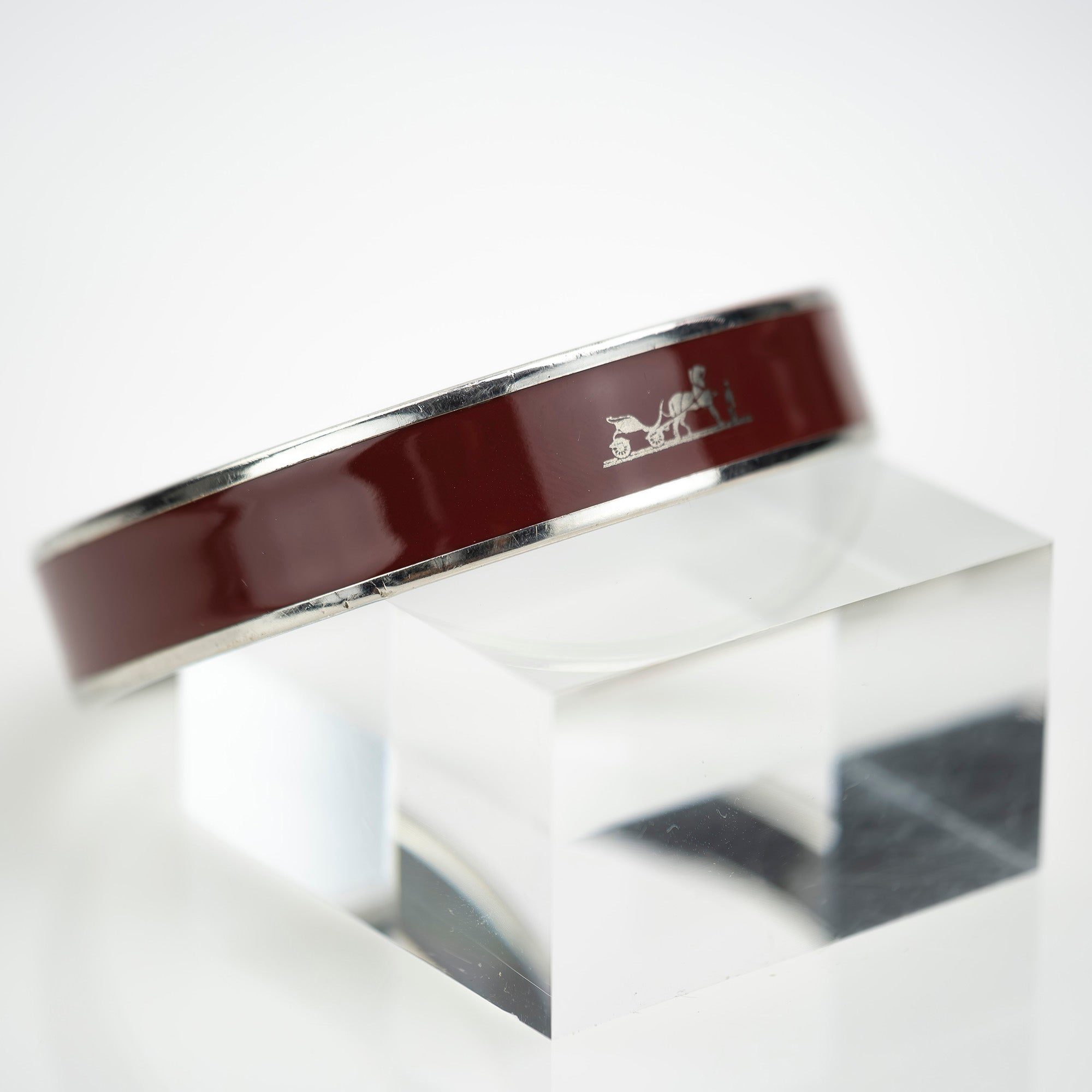Hermes EMAUX Caleche Bangle Bracelet, Cloisonne, Bordeaux x Silver