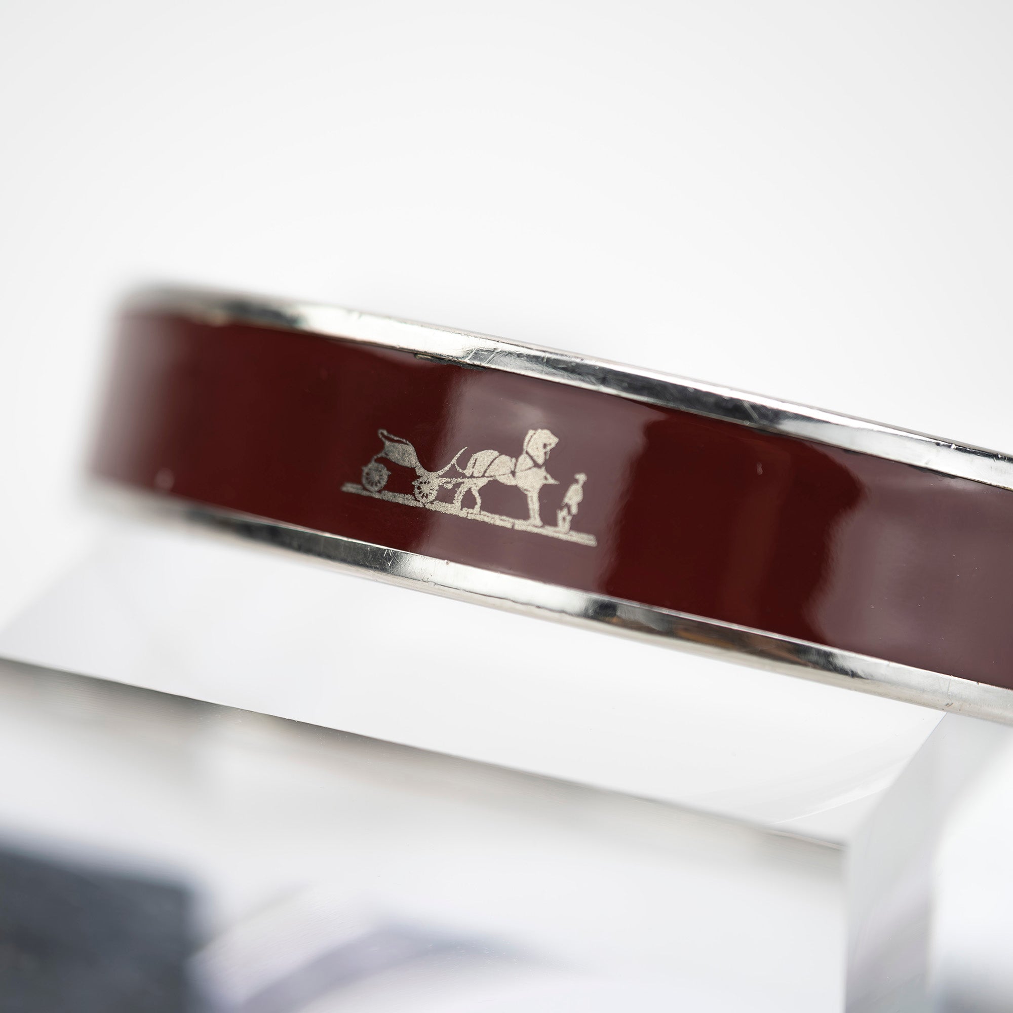 Hermes EMAUX Caleche Bangle Bracelet, Cloisonne, Bordeaux x Silver