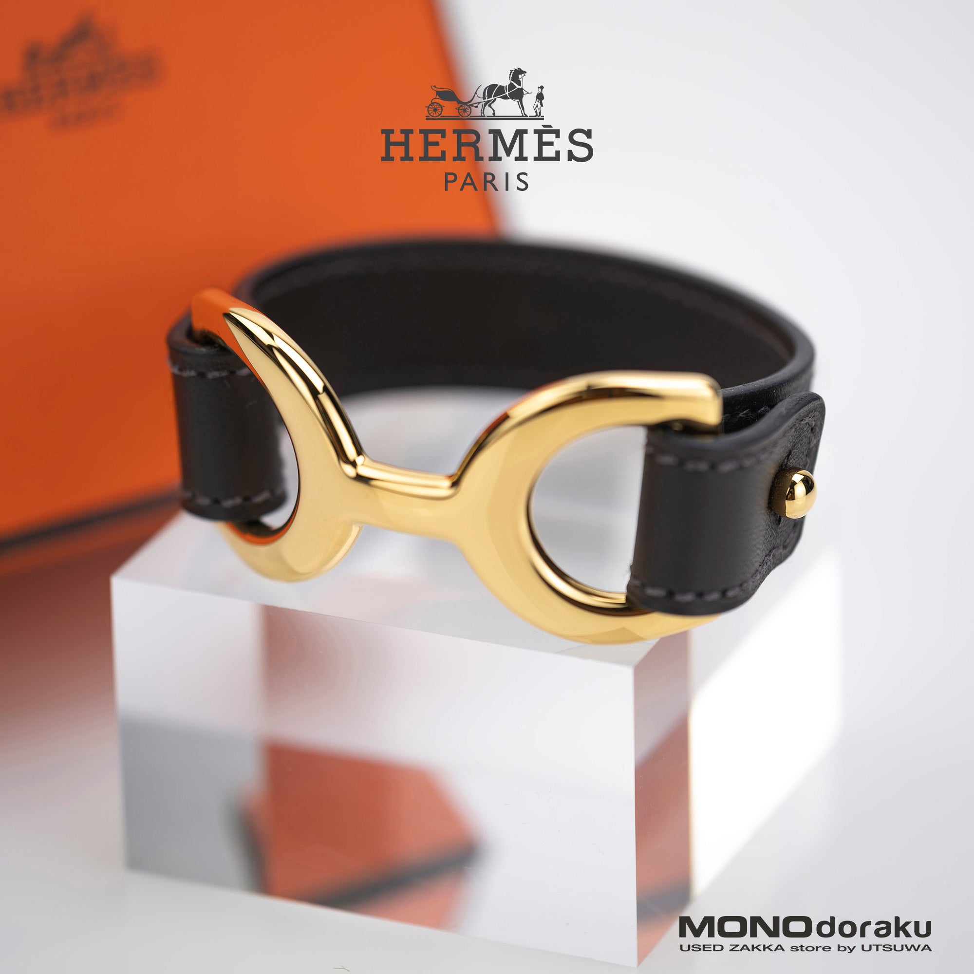 HERMES Pavane Leather Bracelet Bangle Dark Brown x Gold
