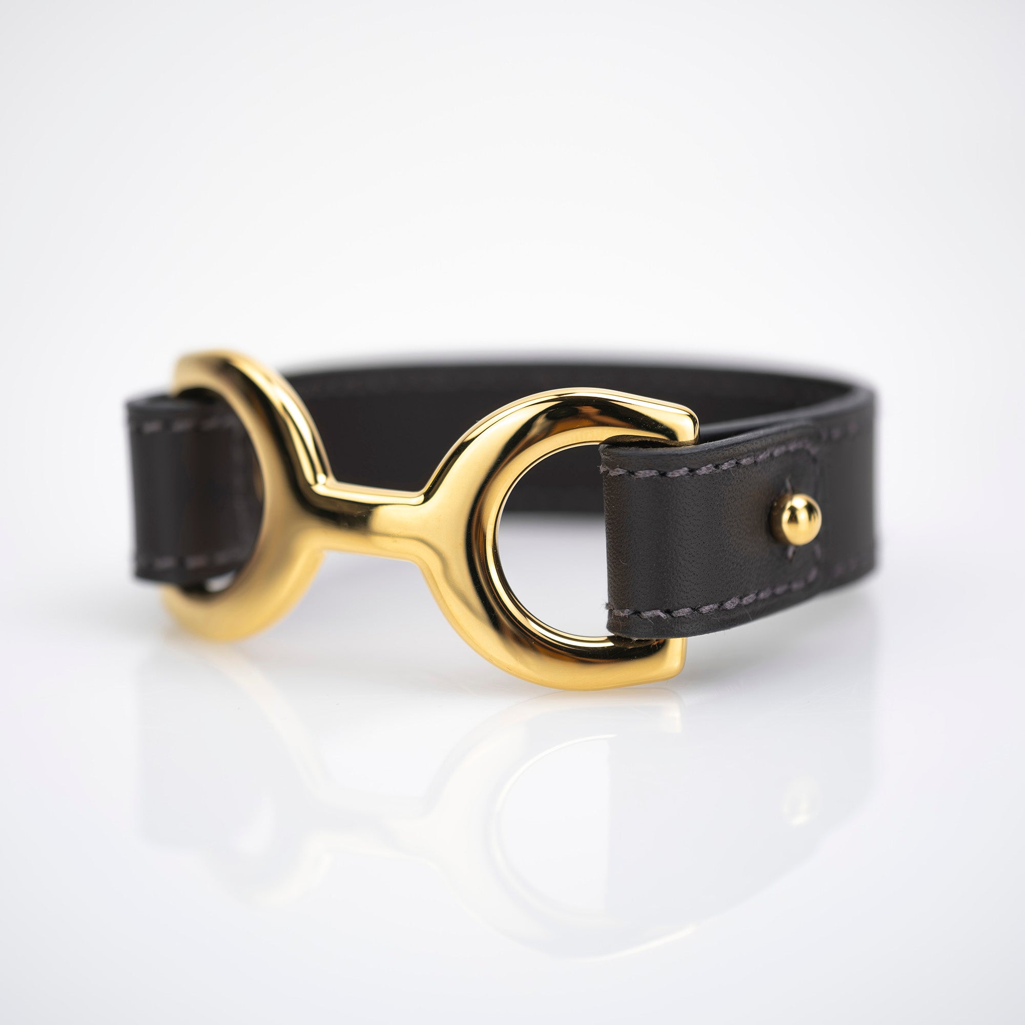 HERMES Pavane Leather Bracelet Bangle Dark Brown x Gold