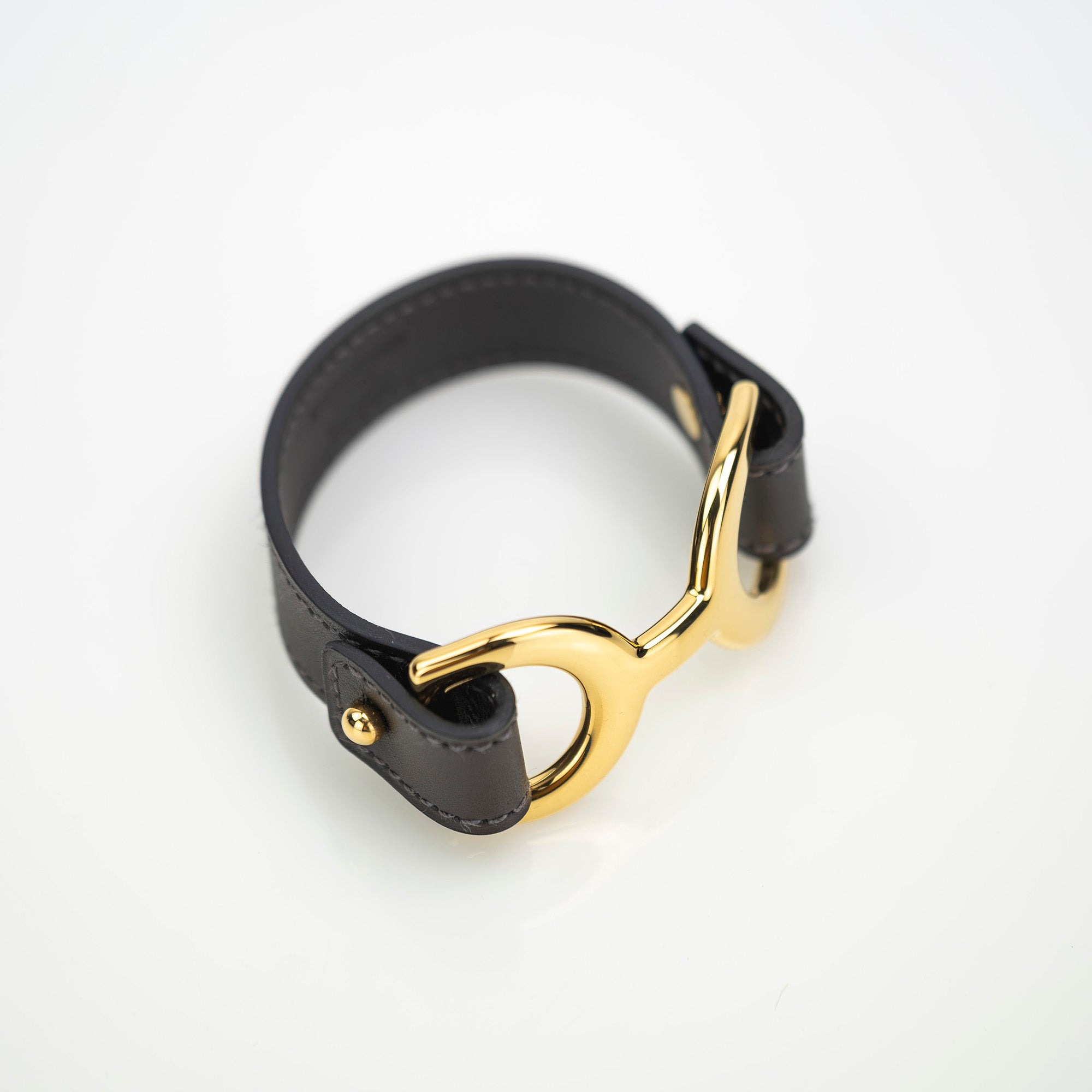 HERMES Pavane Leather Bracelet Bangle Dark Brown x Gold