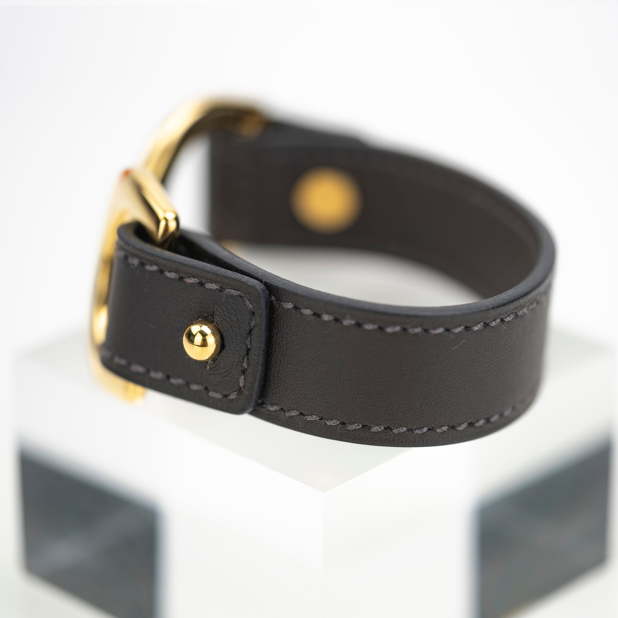 HERMES Pavane Leather Bracelet Bangle Dark Brown x Gold