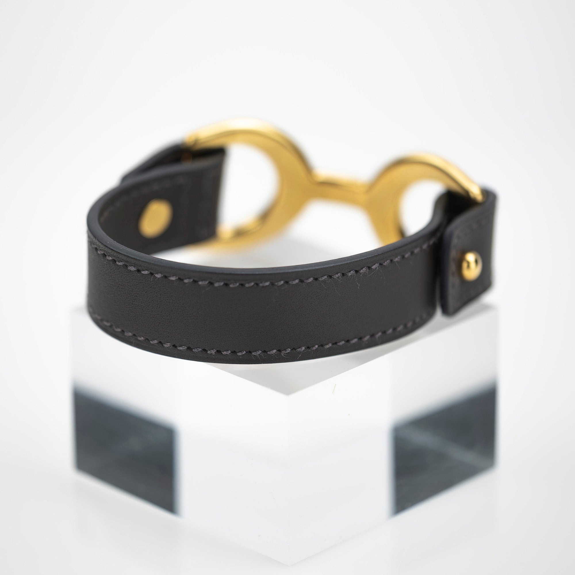 HERMES Pavane Leather Bracelet Bangle Dark Brown x Gold