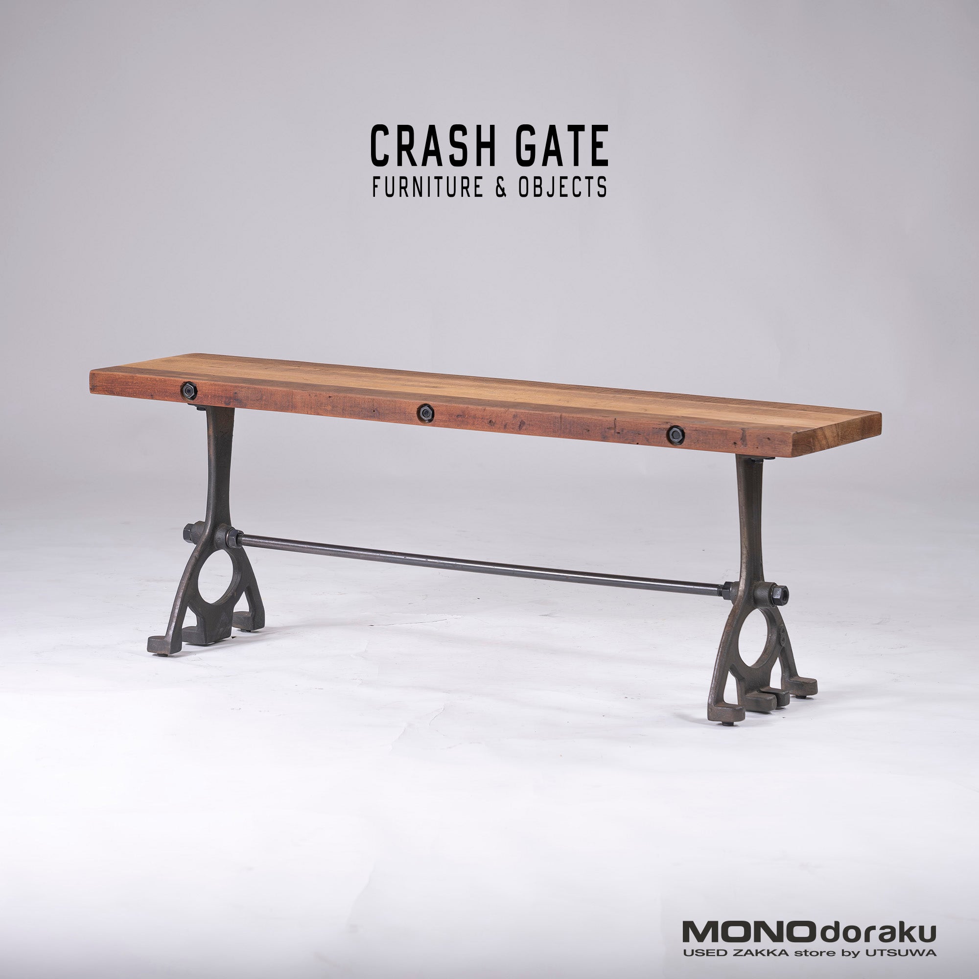 Dining bench CRASH GATE DISTRICT EIGHT Baton bench made of old pine wood and iron