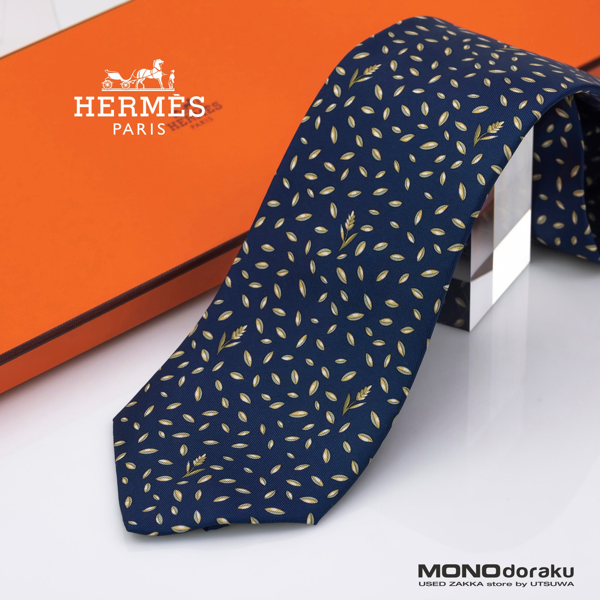 HERMES Hermes Men's Accessories Silk Items Tie Navy Good Condition