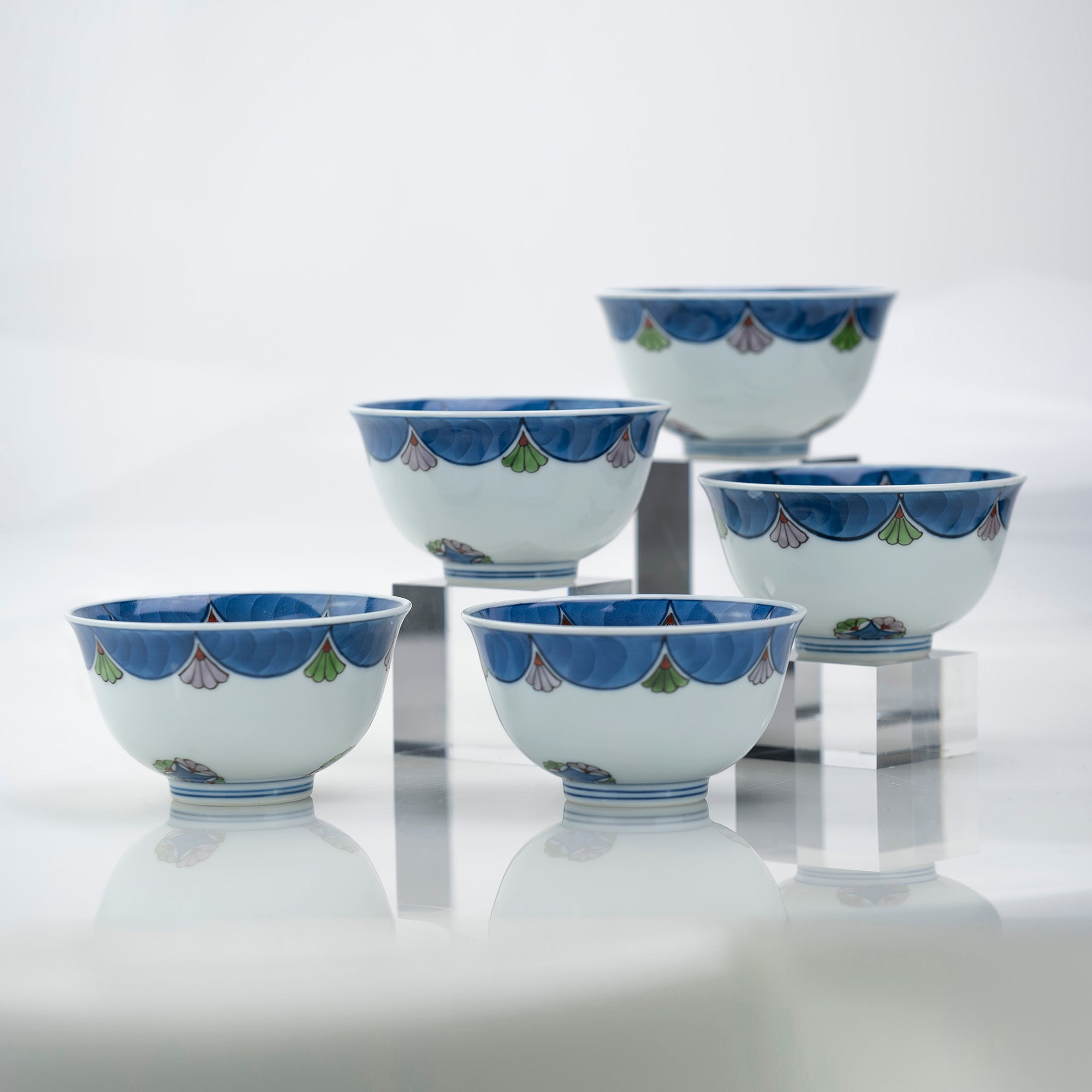 Gen'emon Kiln, Koremoku Kiln, Somenkin Hishi Karahana Tea Utensils, Teacups, Set of 5, Arita Ware, Comes with Box (1)