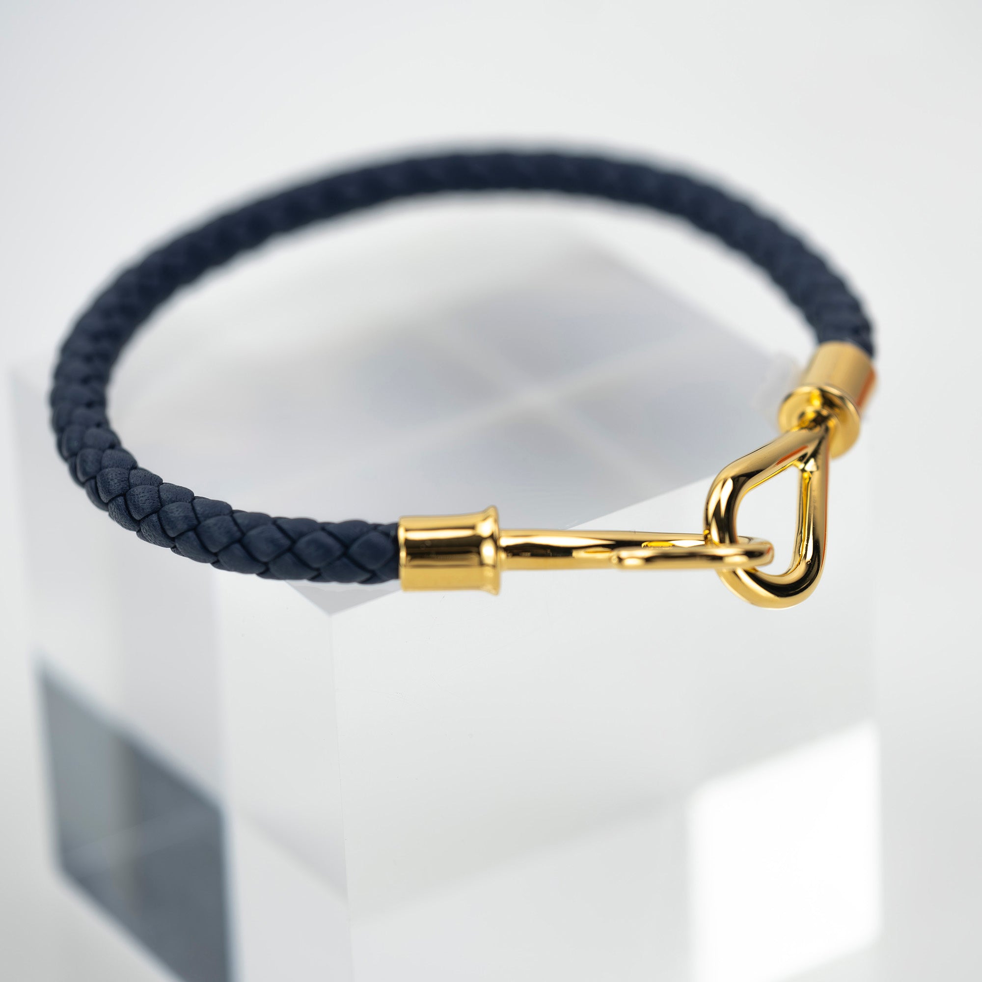 Hermes Jumbo H Leather Bracelet Navy x Gold Men's Accessory Good Condition
