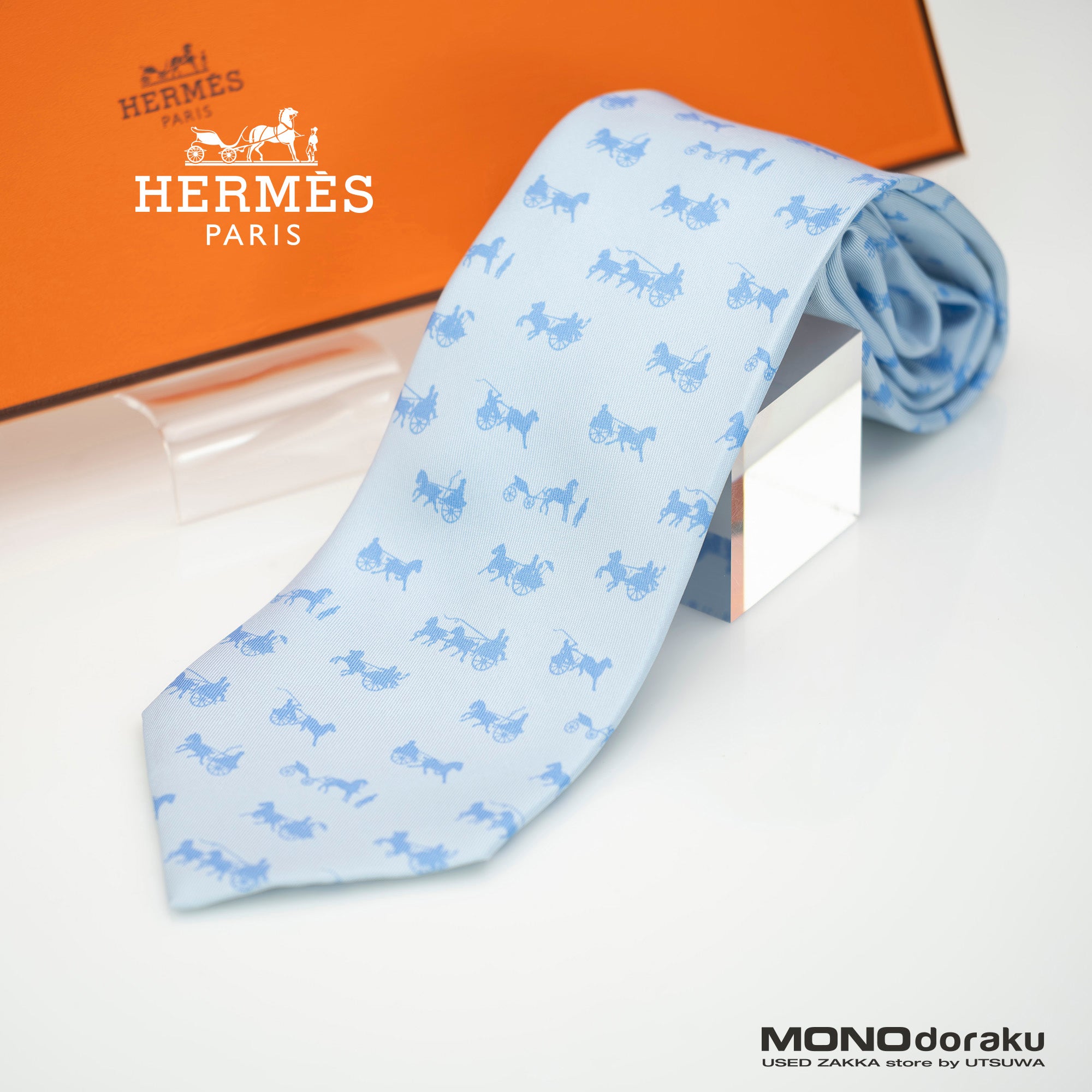 HERMES Hermes Men's Accessories Silk Items Tie Light Blue All-over Pattern