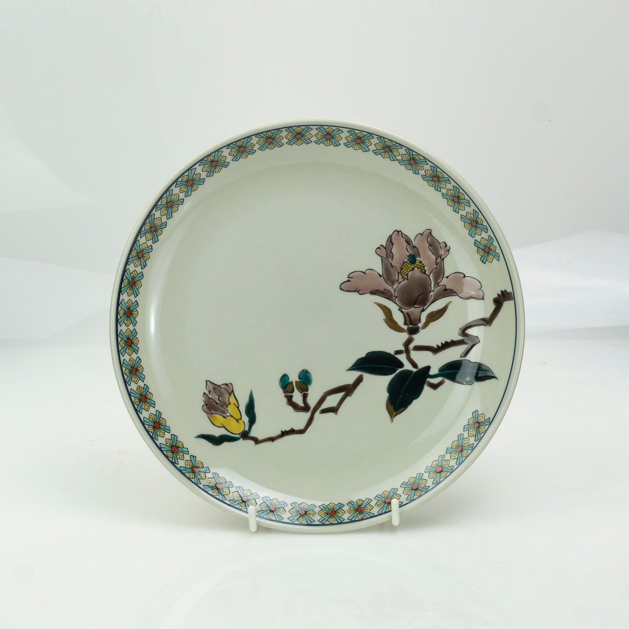 Kutani ware, Miyama kiln, picture change, set of 5 eight-inch plates, seasonal flowers, box included, 24cm size, good condition