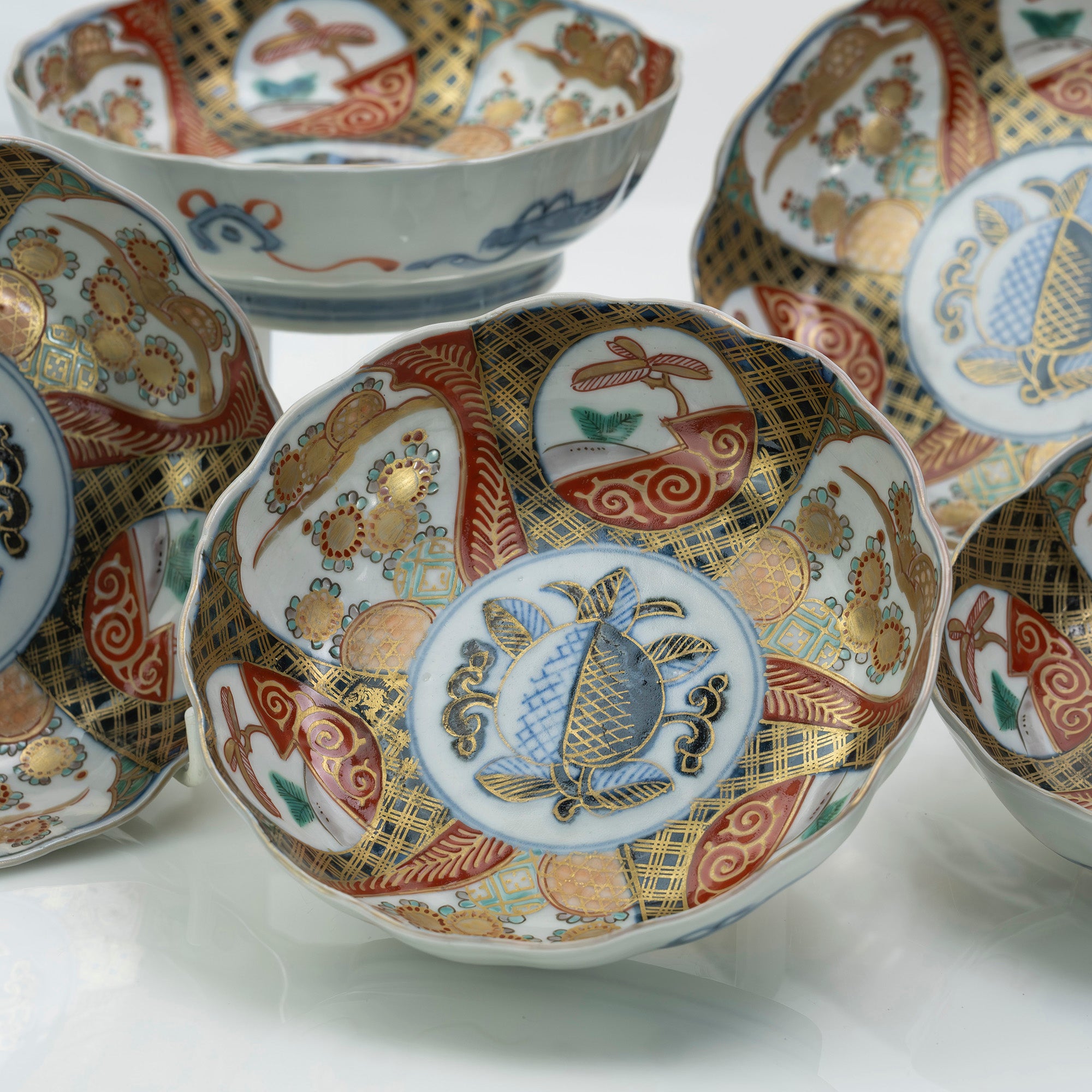 古伊万里 赤絵 金彩 染錦 柘榴図 膾皿 なます皿 二重角富紋 明治期 骨董