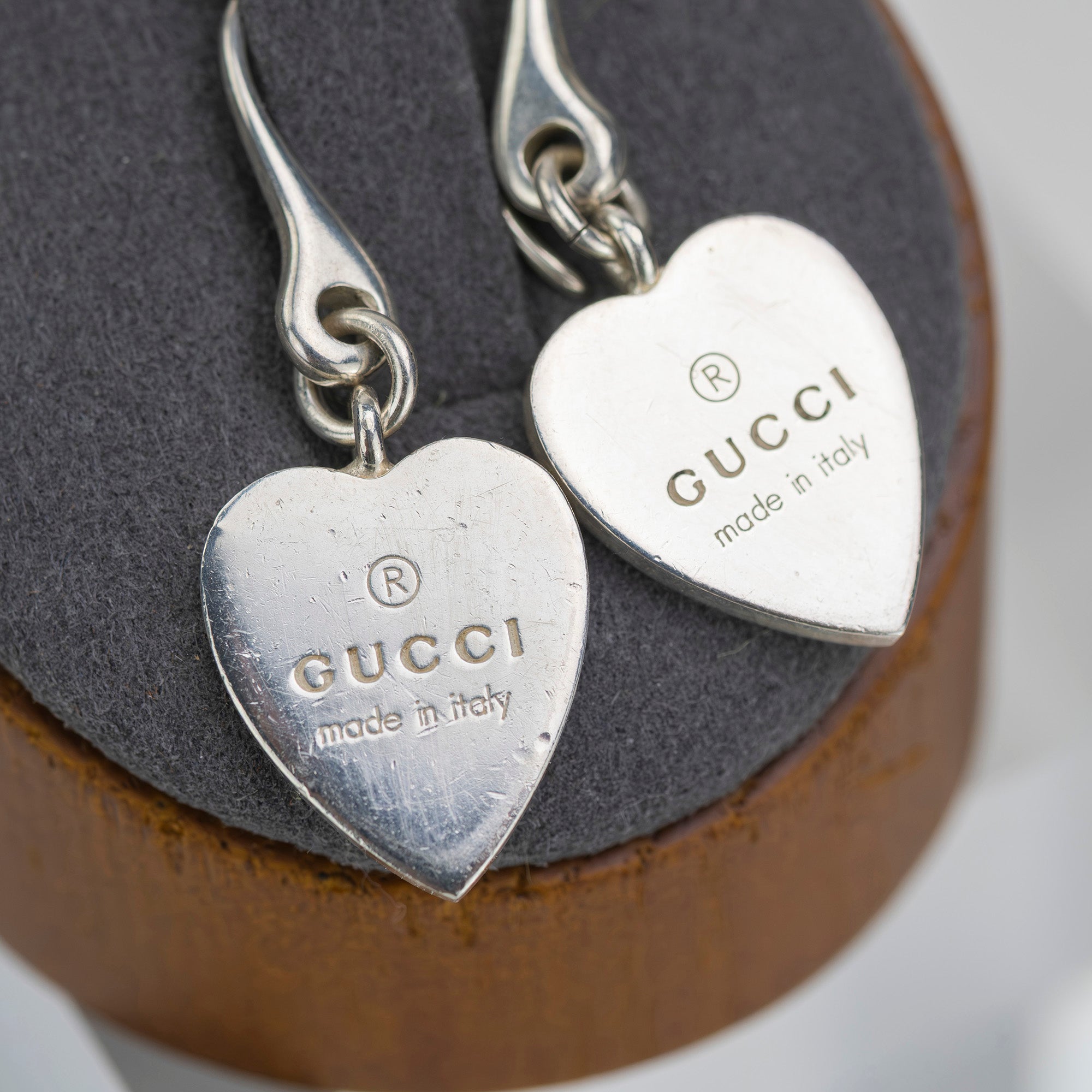 Gucci Hook Earrings in Sterling Silver with Trademark Heart Shape, Box and Dust Bag Included
