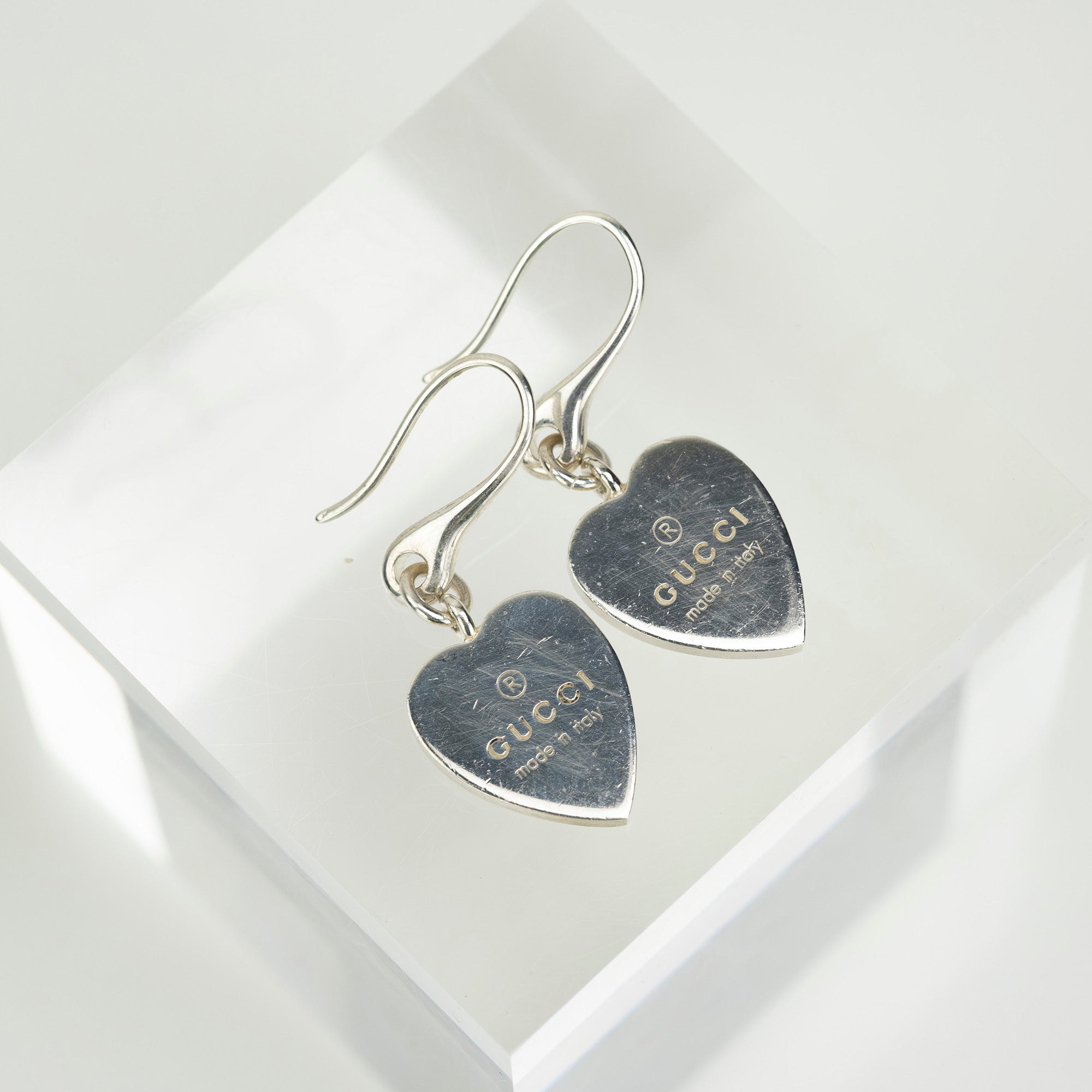 Gucci Hook Earrings in Sterling Silver with Trademark Heart Shape, Box and Dust Bag Included