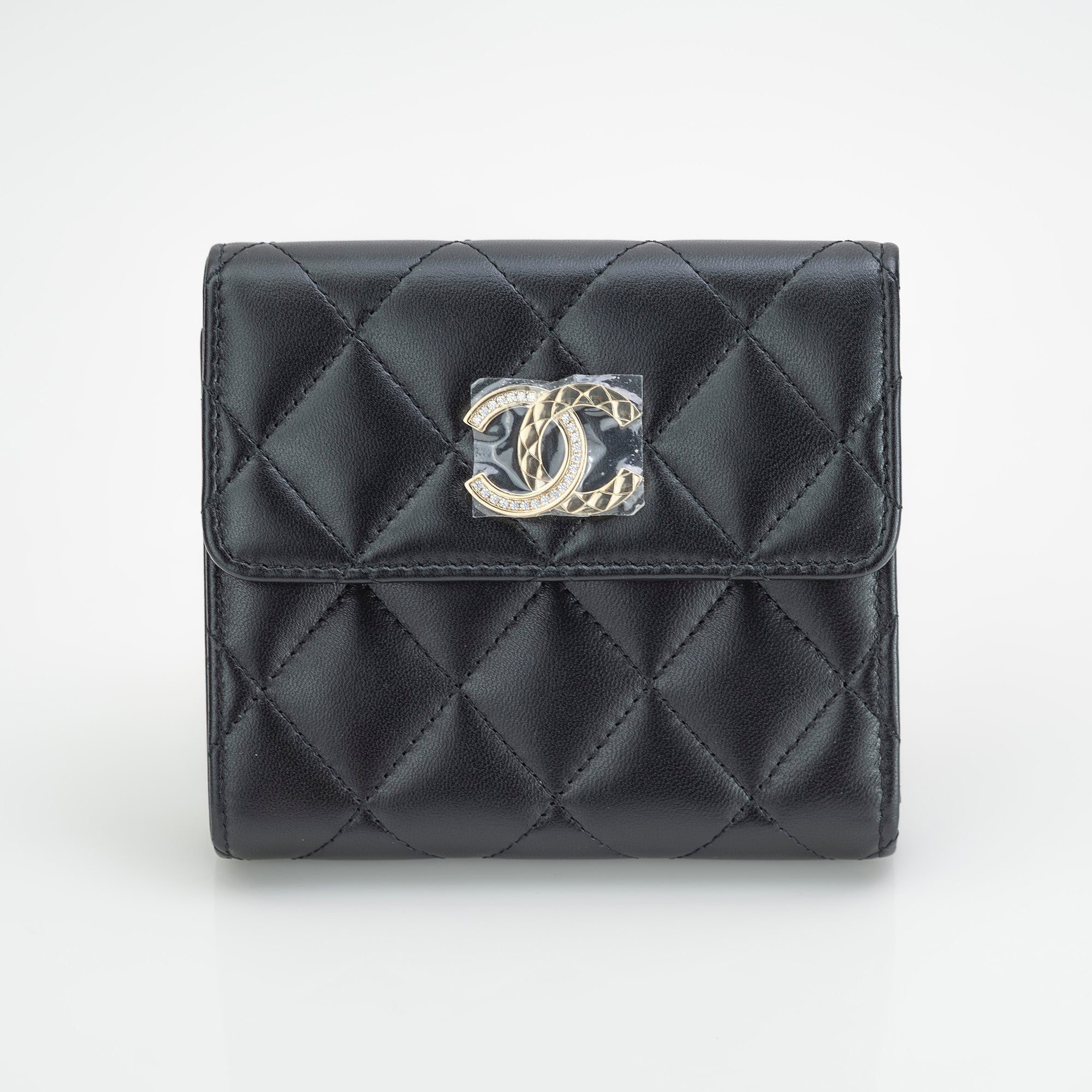 CHANEL Matelasse Lambskin Tri-fold Wallet with Coco Mark and Rhinestones, Black, Excellent Condition