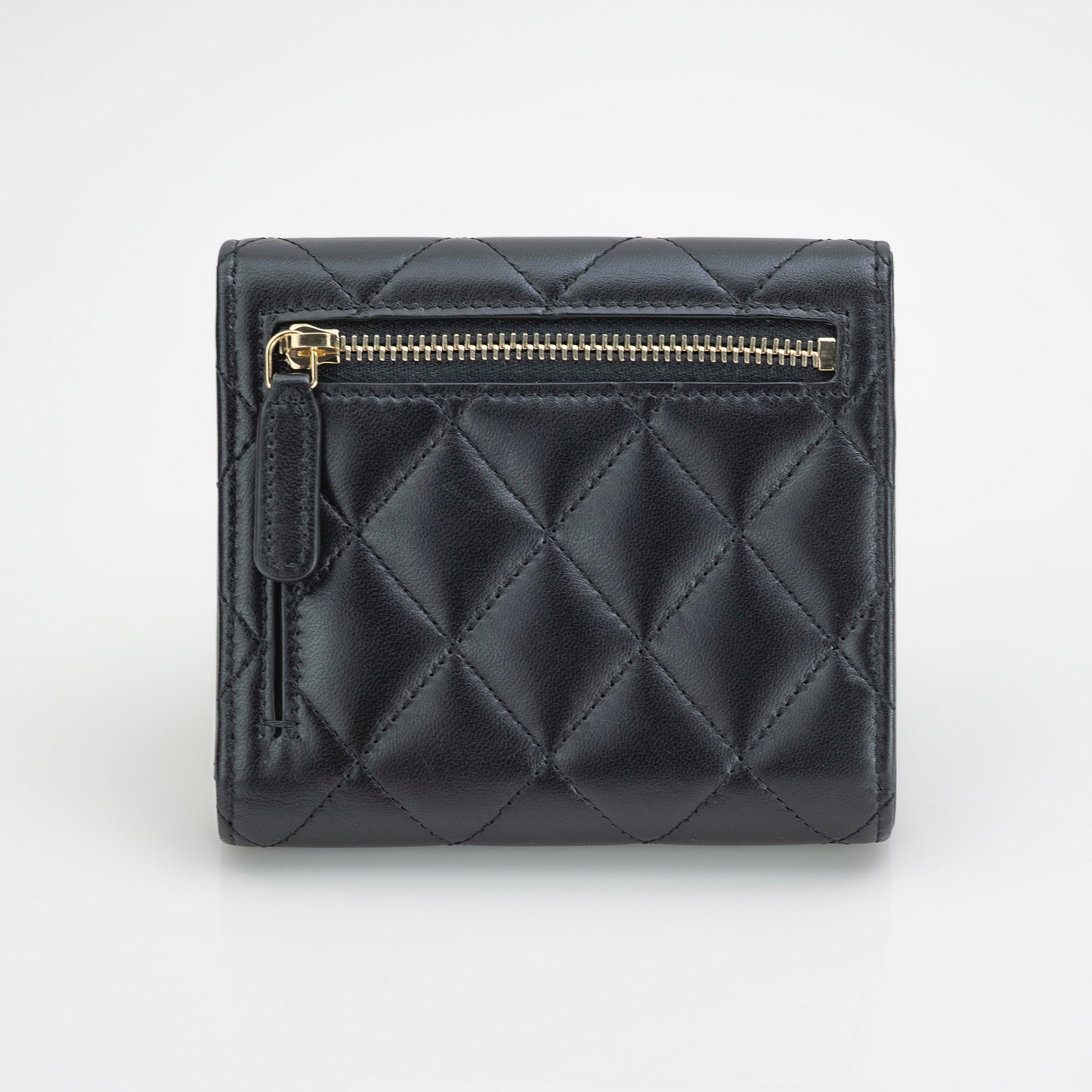 CHANEL Matelasse Lambskin Tri-fold Wallet with Coco Mark and Rhinestones, Black, Excellent Condition