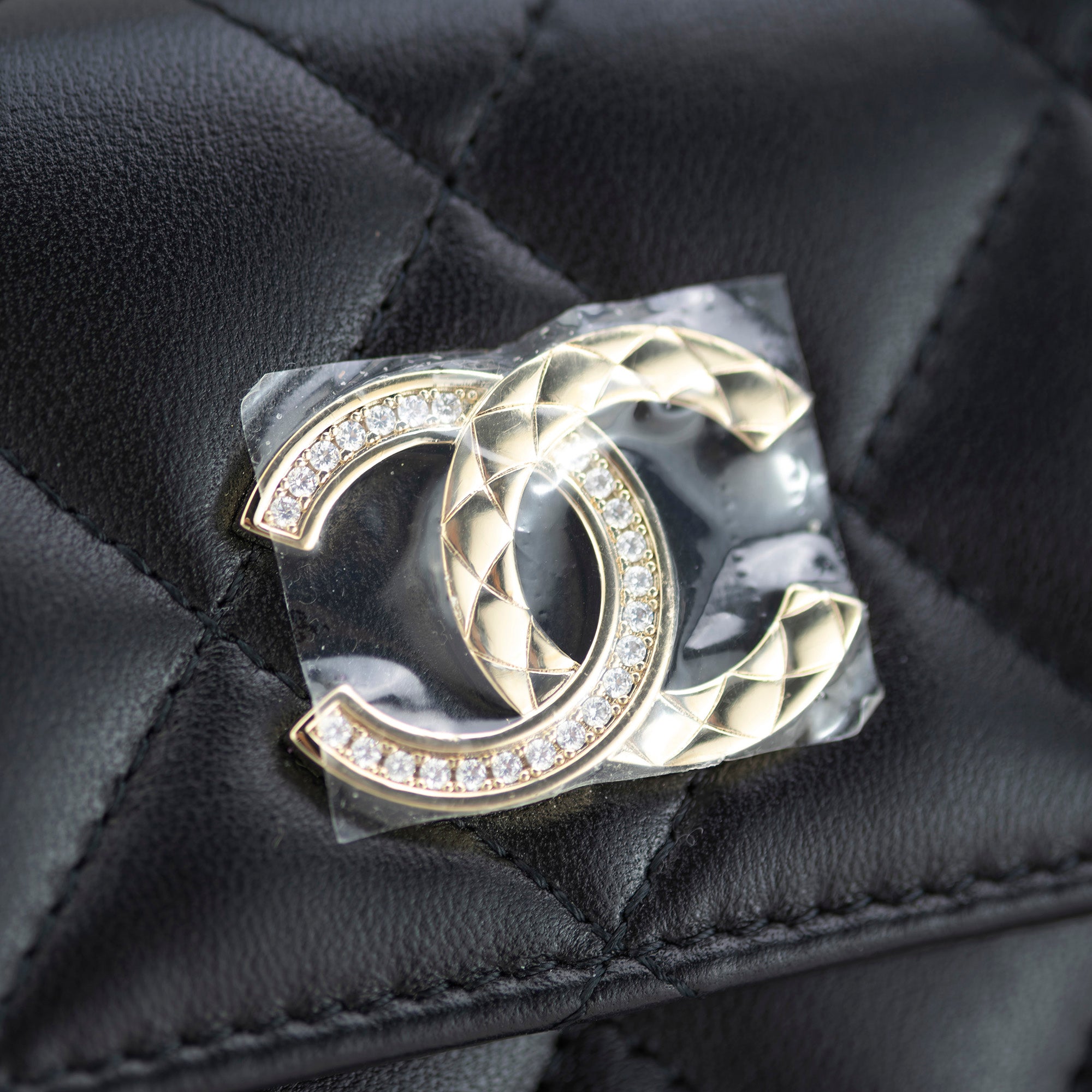 CHANEL Matelasse Lambskin Tri-fold Wallet with Coco Mark and Rhinestones, Black, Excellent Condition