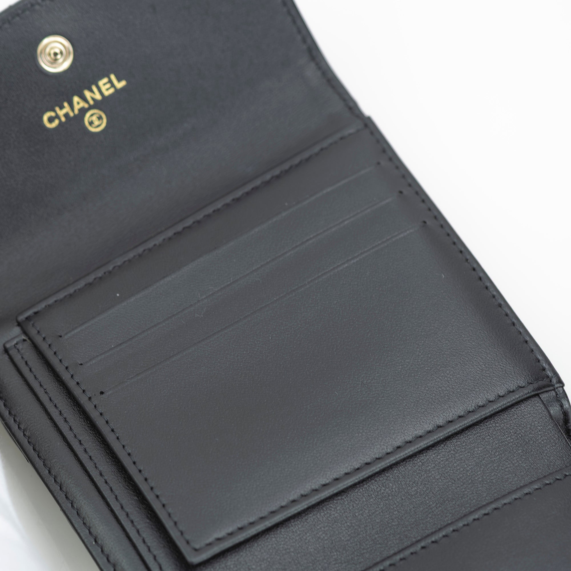 CHANEL Matelasse Lambskin Tri-fold Wallet with Coco Mark and Rhinestones, Black, Excellent Condition