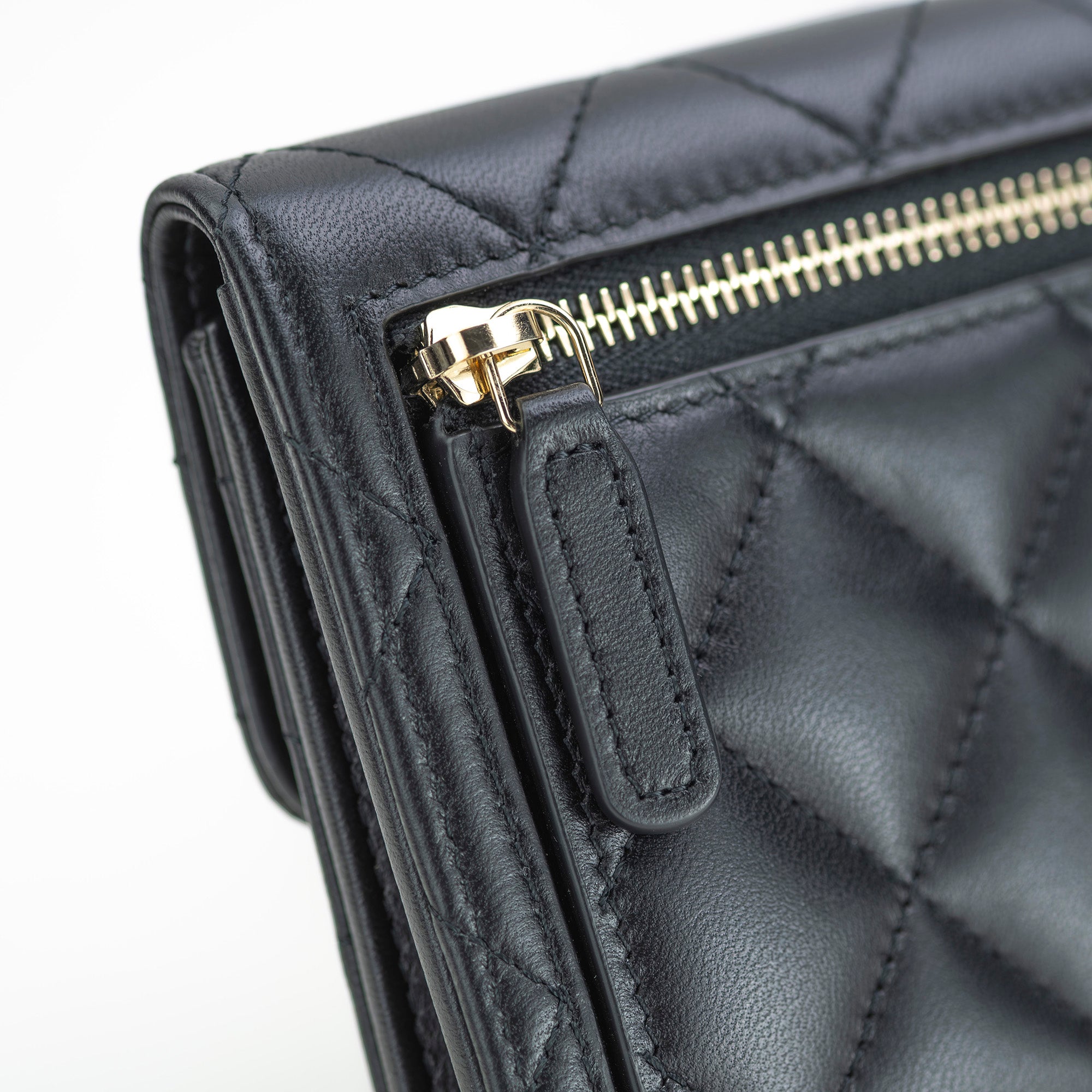 CHANEL Matelasse Lambskin Tri-fold Wallet with Coco Mark and Rhinestones, Black, Excellent Condition