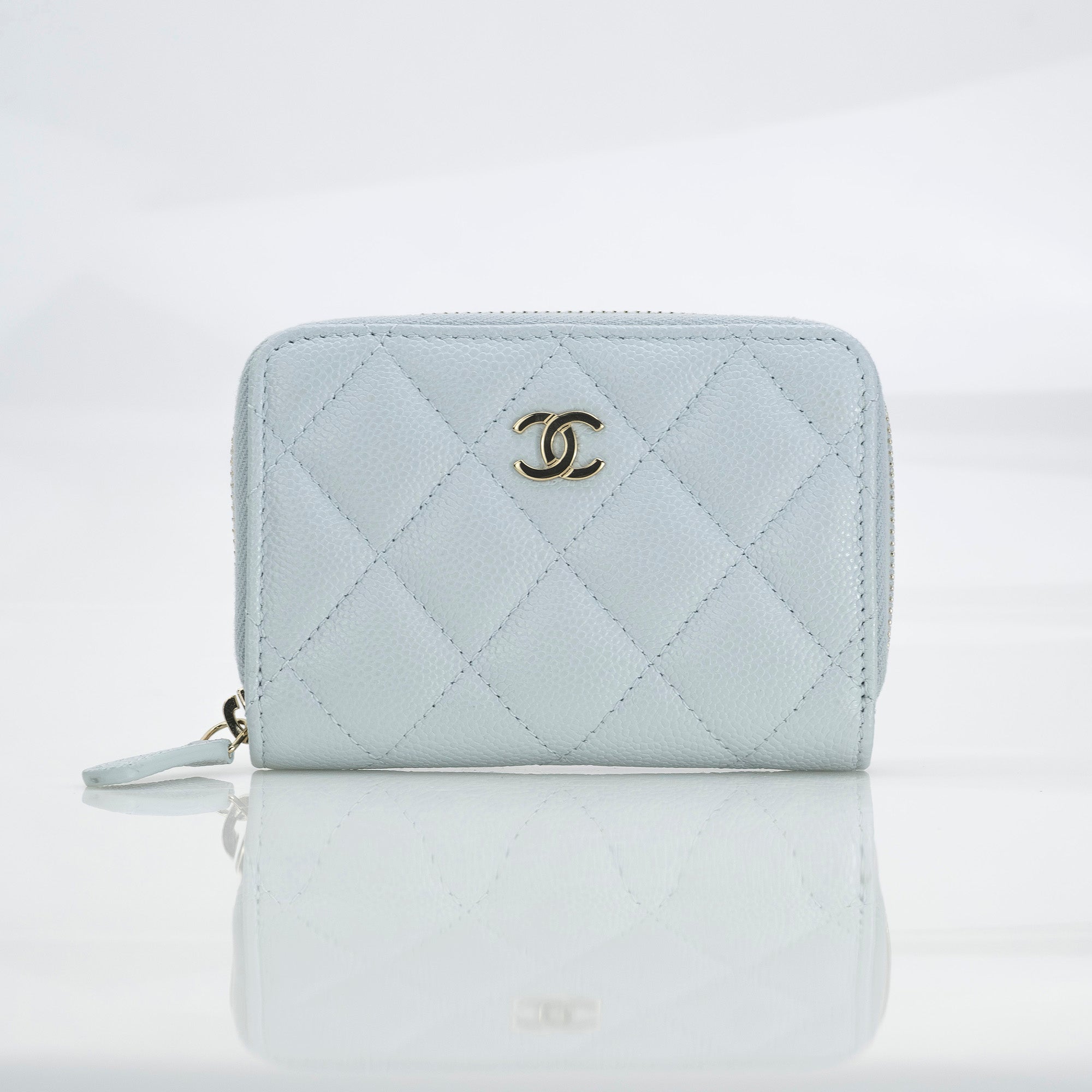 Chanel Matelasse Coco Mark Caviar Leather Coin Case/Card Case, Light Blue, Excellent Condition, Box and Dust Bag Included