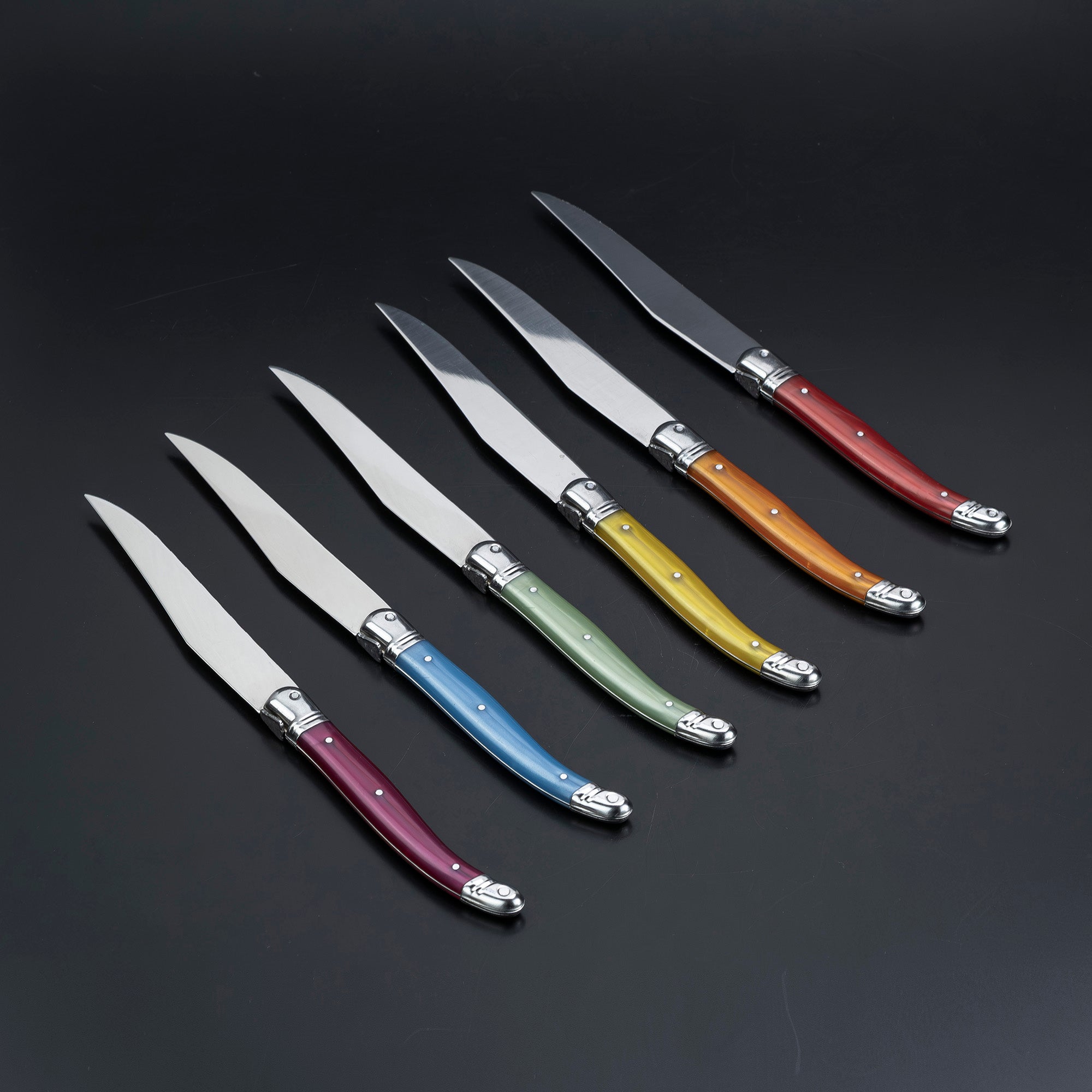 Laguiole Steak Knife Set of 6 with Colorful Handles and Bee Motif, Includes Case