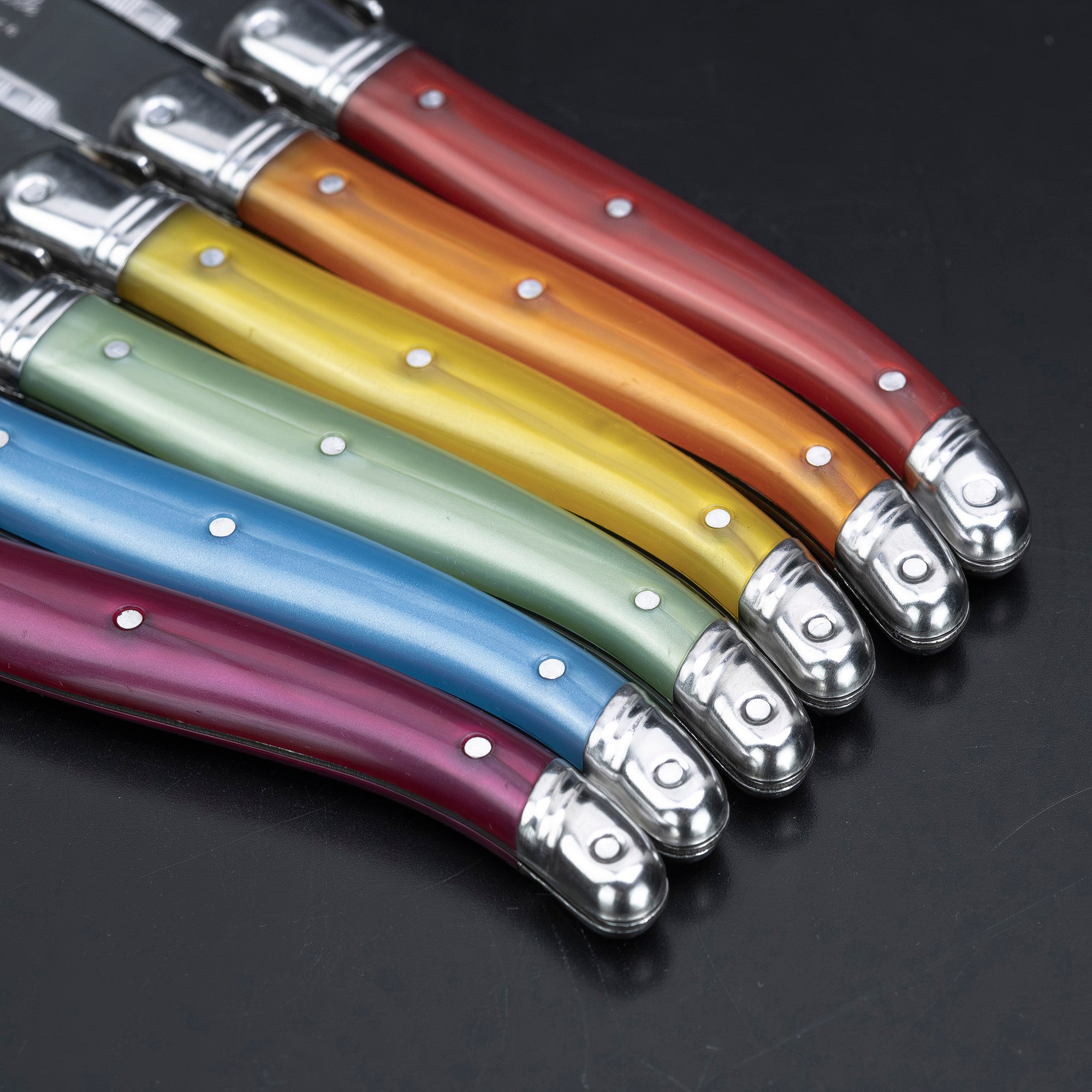 Laguiole Steak Knife Set of 6 with Colorful Handles and Bee Motif, Includes Case