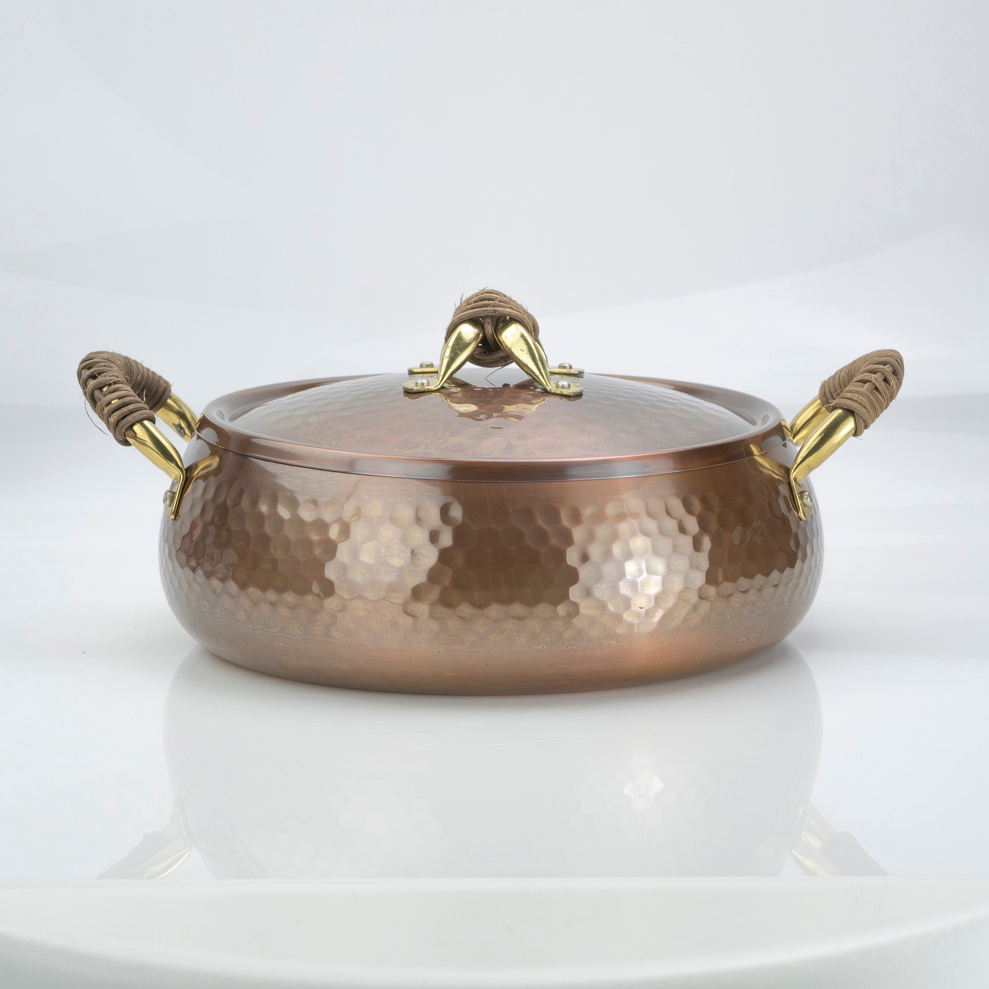 Copper double-handled pot for sukiyaki and shabu-shabu, with handles, suitable for tabletop use, made in Japan by Shinkodo