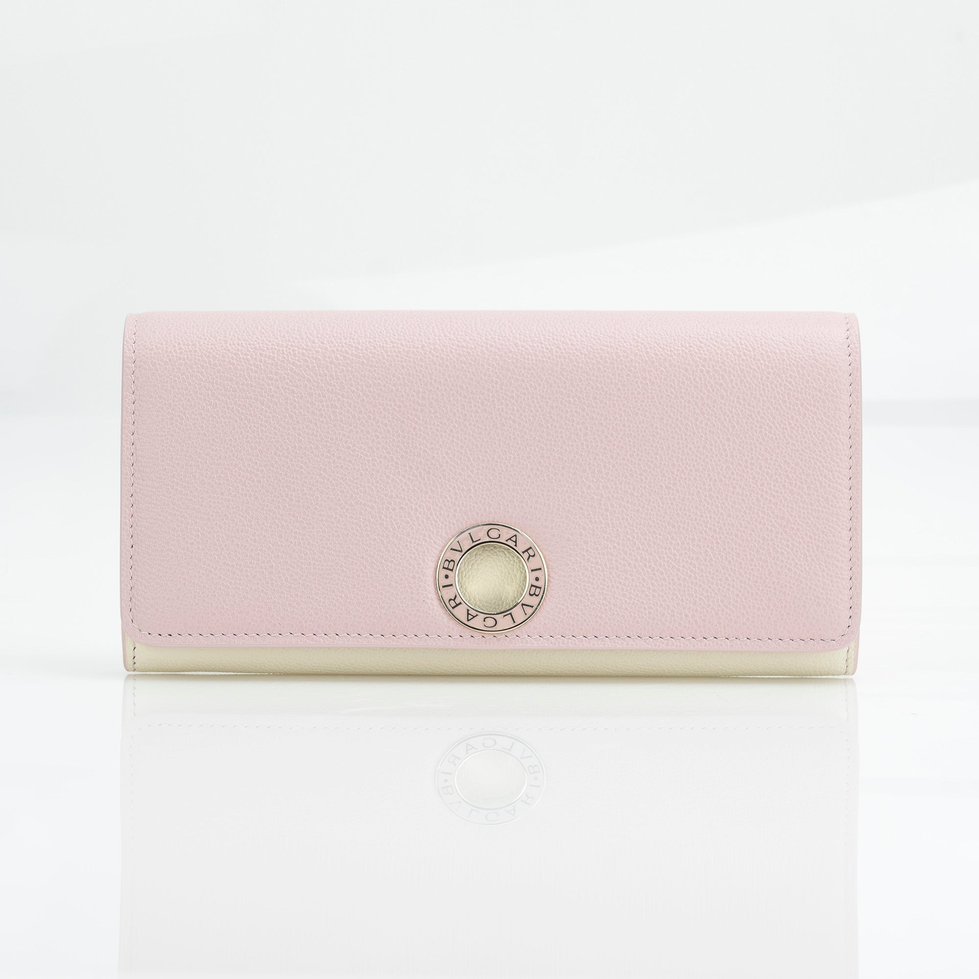 BVLGARI Women's Two-Tone Pink and White Leather Flap Wallet with Logo Clip (Excellent Condition, Box Included)