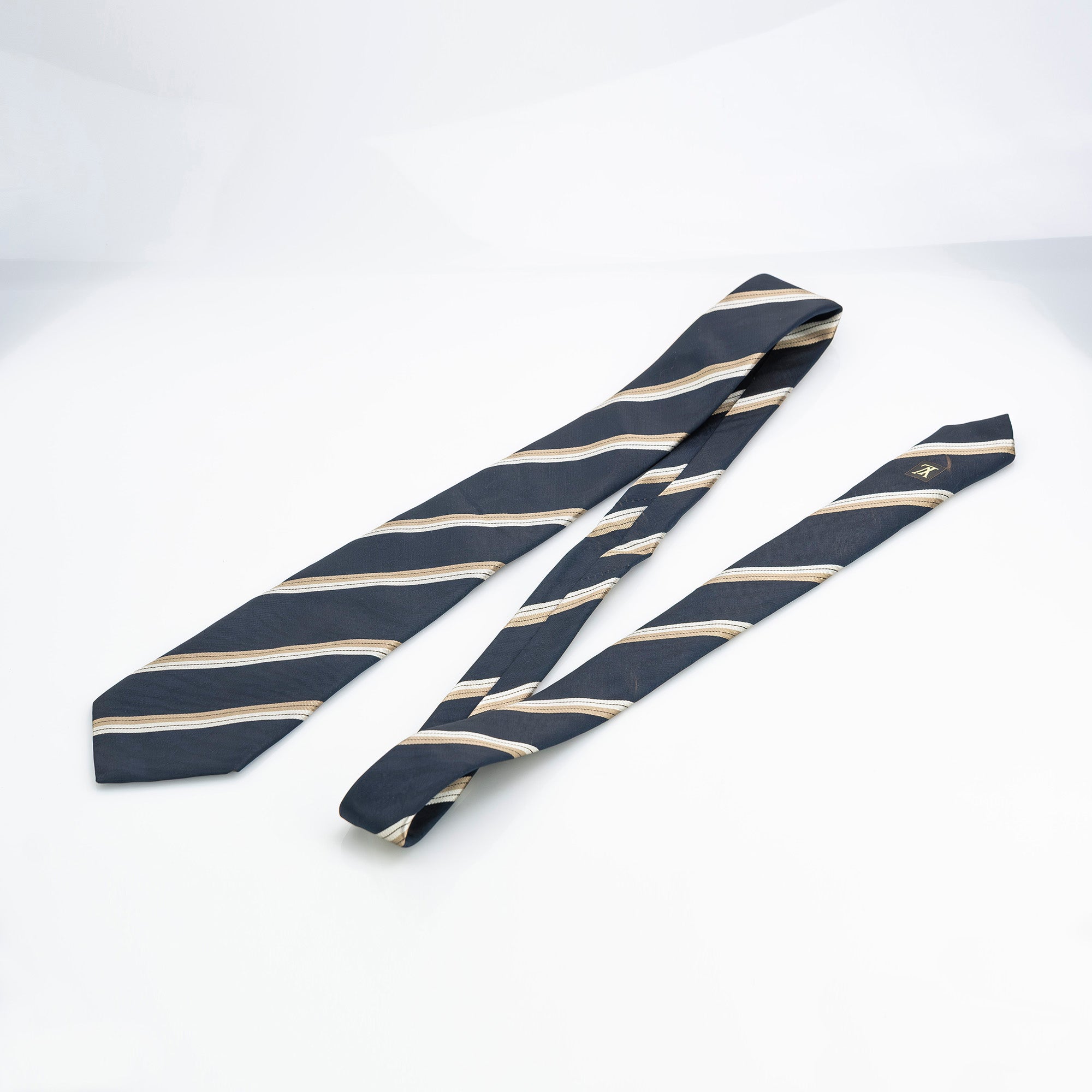 Louis Vuitton tie, 100% silk, striped pattern, navy and gold