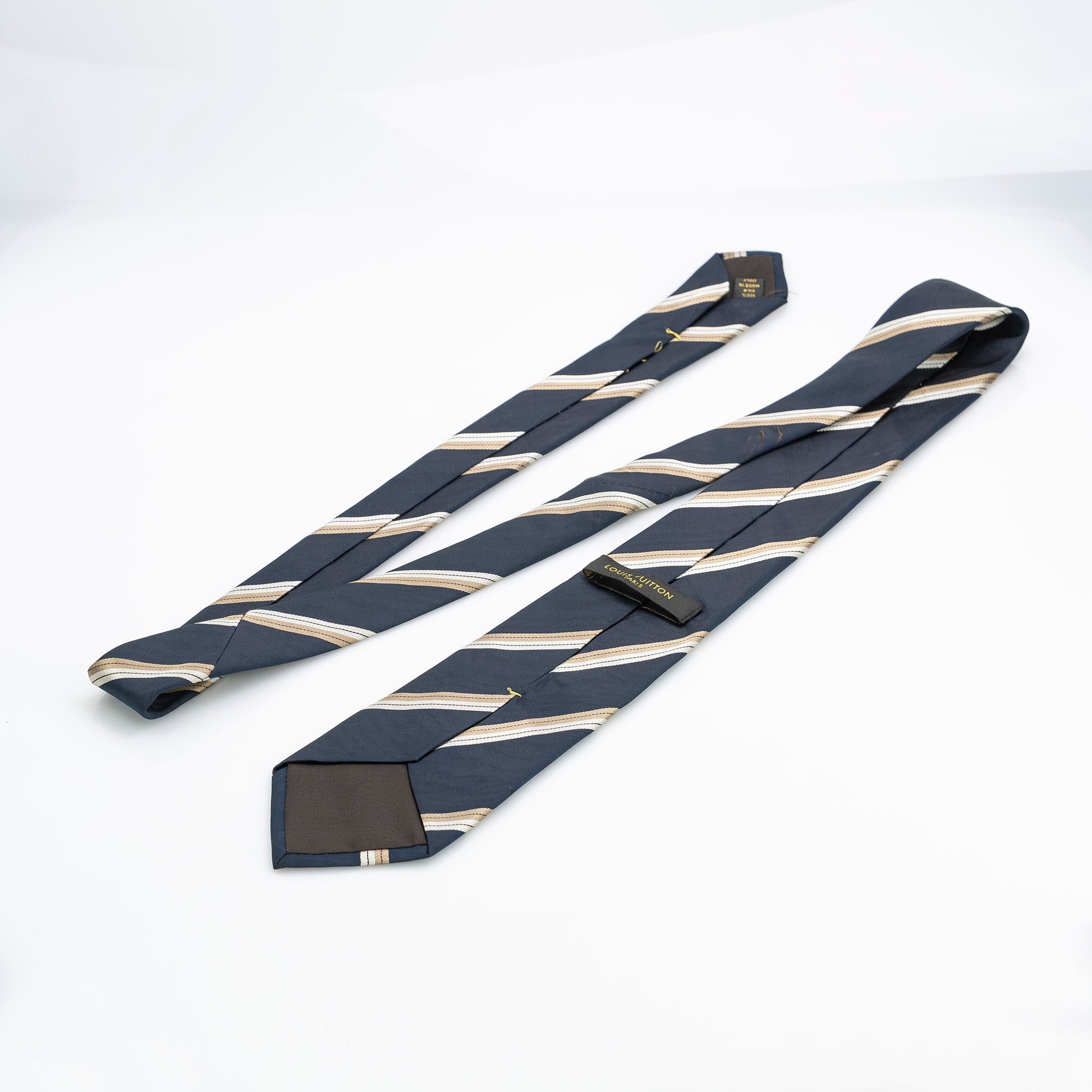 Louis Vuitton tie, 100% silk, striped pattern, navy and gold