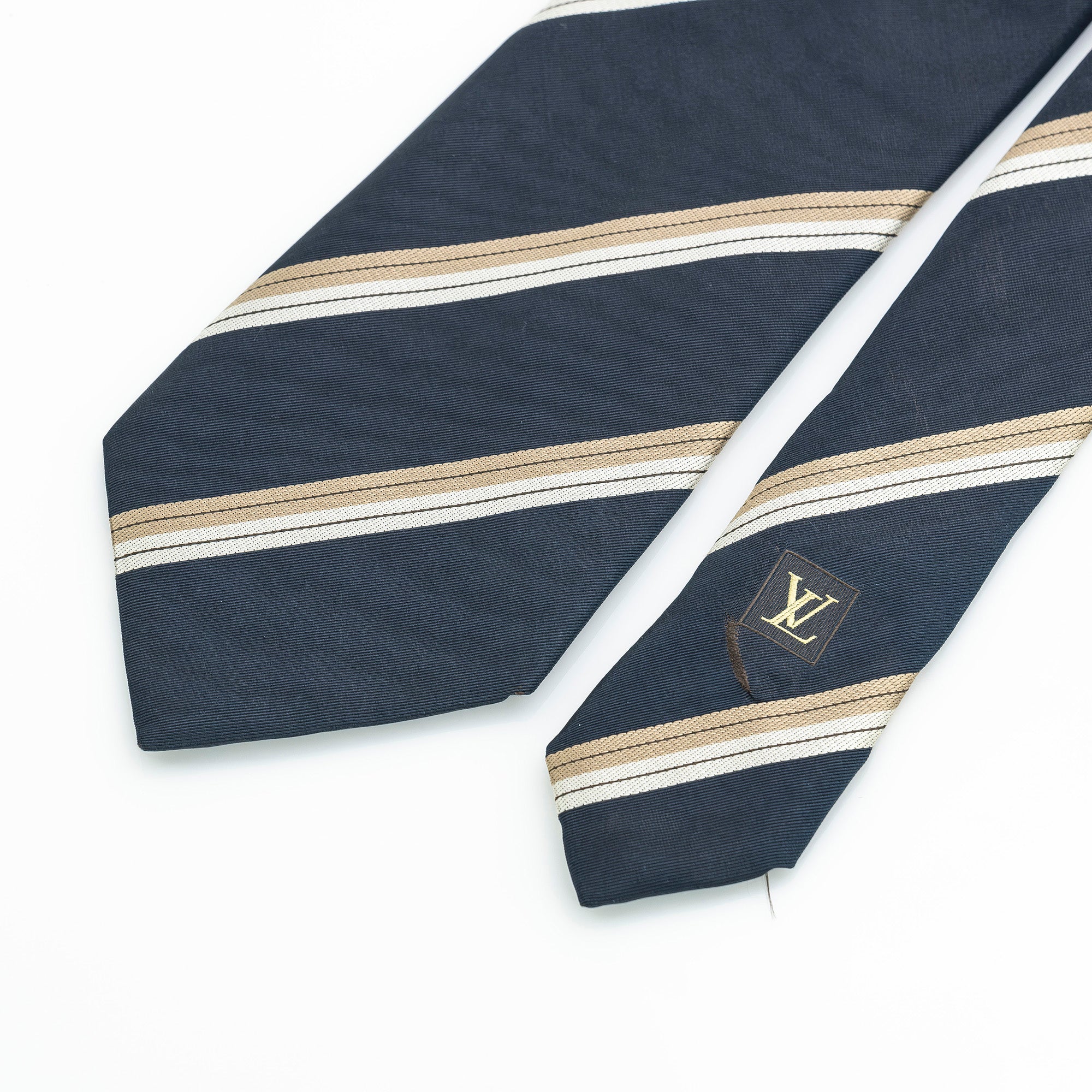 Louis Vuitton tie, 100% silk, striped pattern, navy and gold