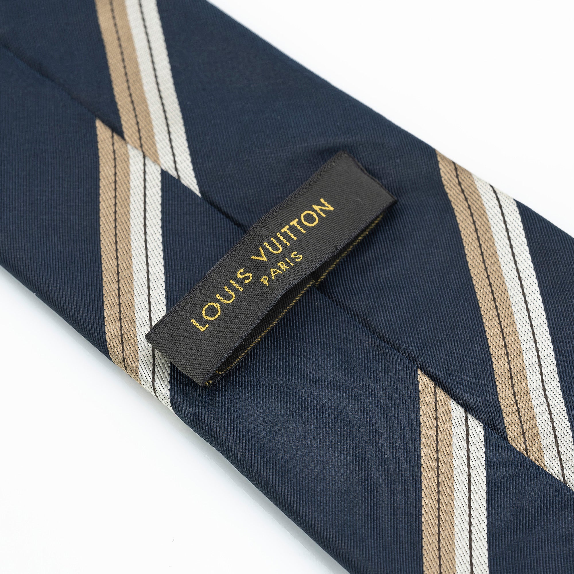 Louis Vuitton tie, 100% silk, striped pattern, navy and gold