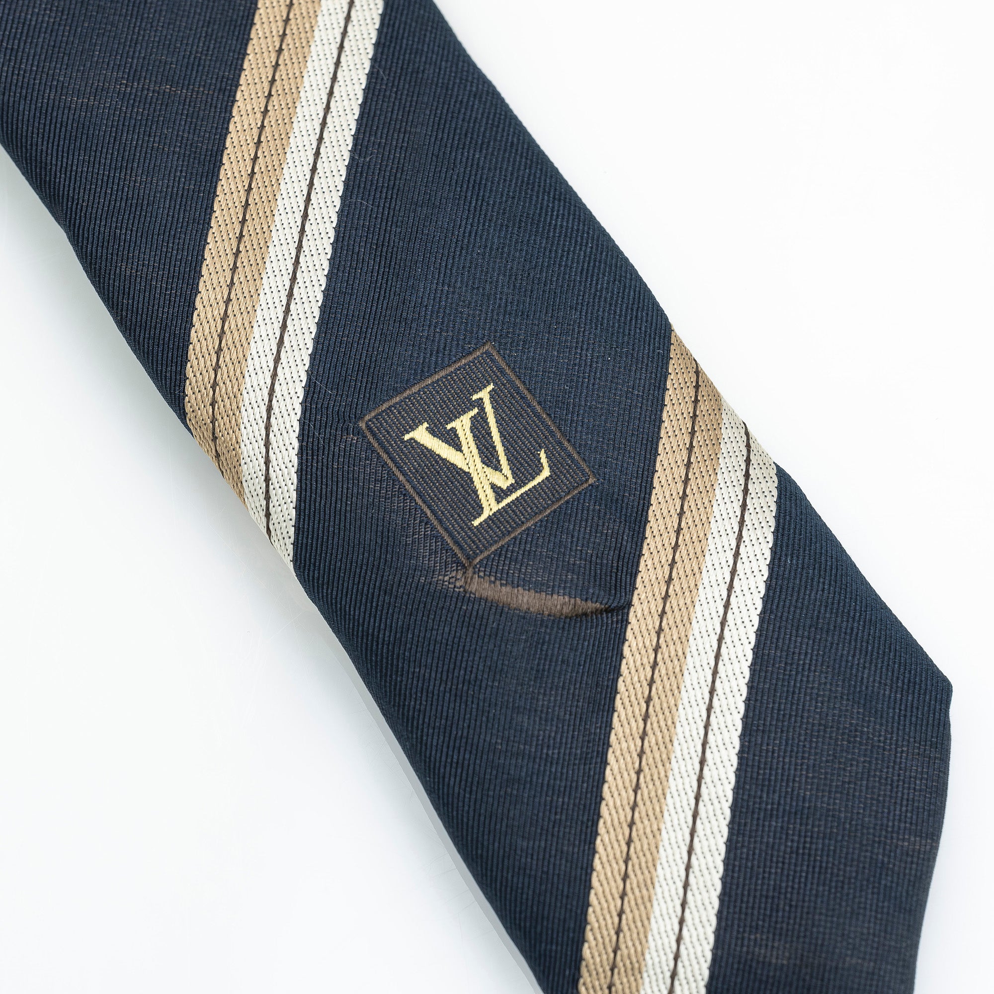 Louis Vuitton tie, 100% silk, striped pattern, navy and gold