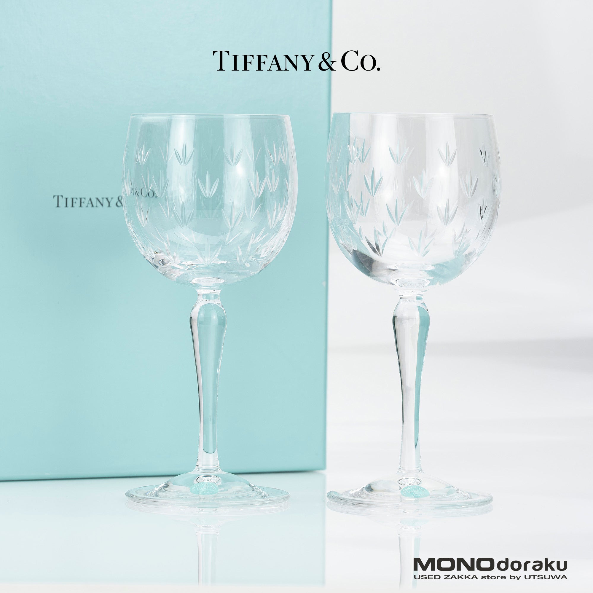 ティファニー TIFFANY & Co. フローレット クリスタルワイングラス ペア 花模様 エッチング 【美品・箱付】