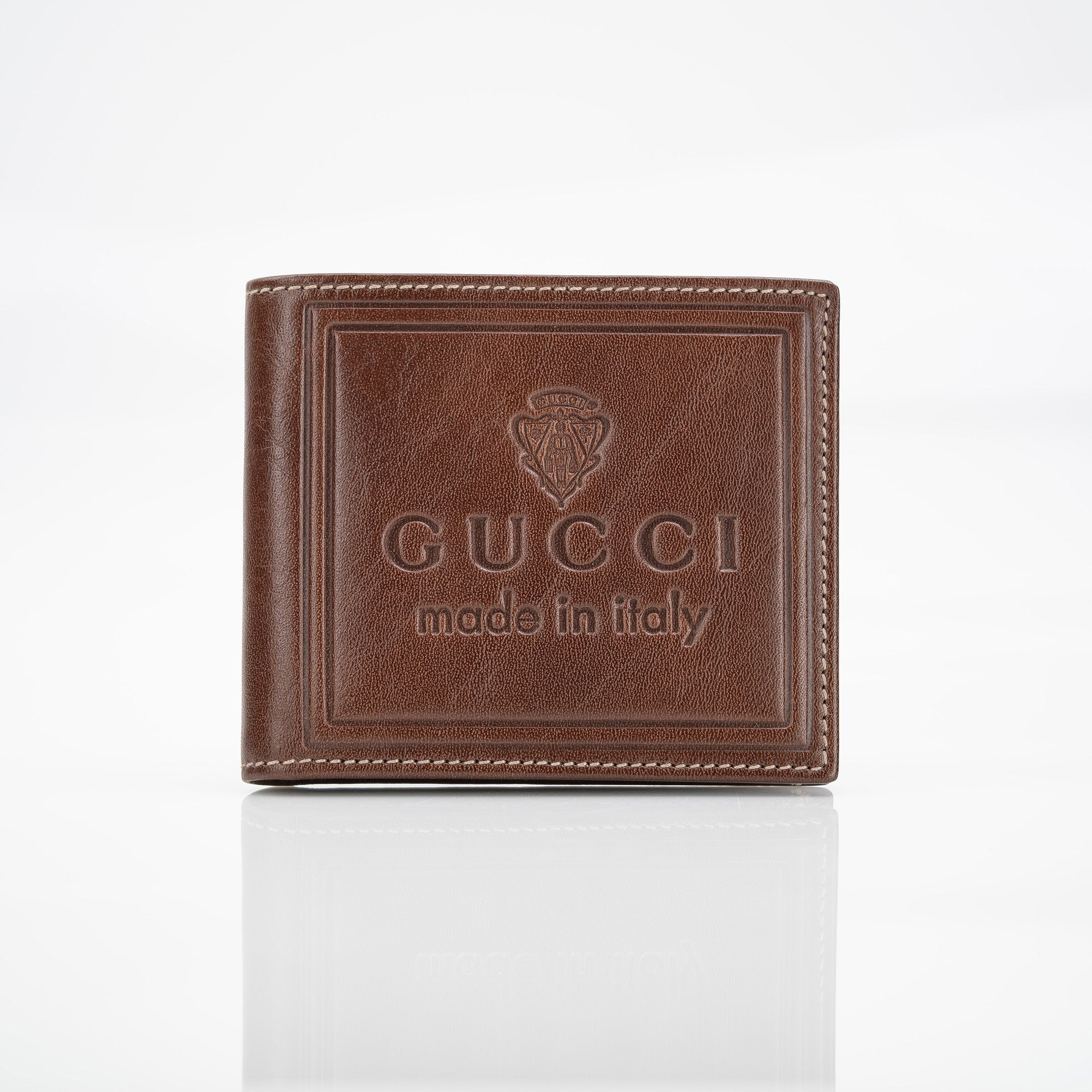 グッチ GUCCI 二つ折り 札入れ レザー ウォレット ブラウン ロゴ刻印 メンズ 【美品・箱付】