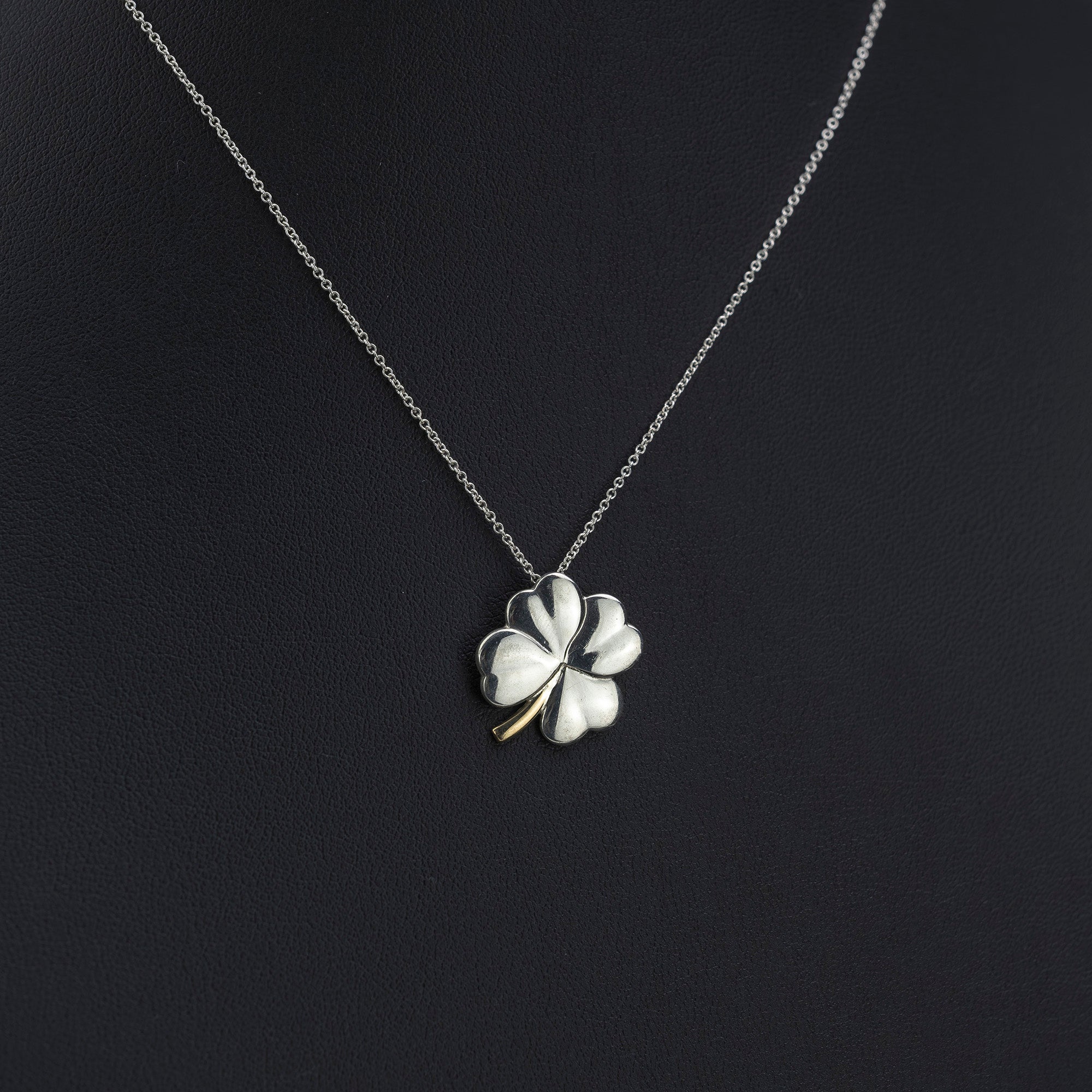 Tiffany & Co. Four-Leaf Clover Necklace, Sterling Silver 925 x 18K Gold, Pendant, Women's, Lucky Charm.