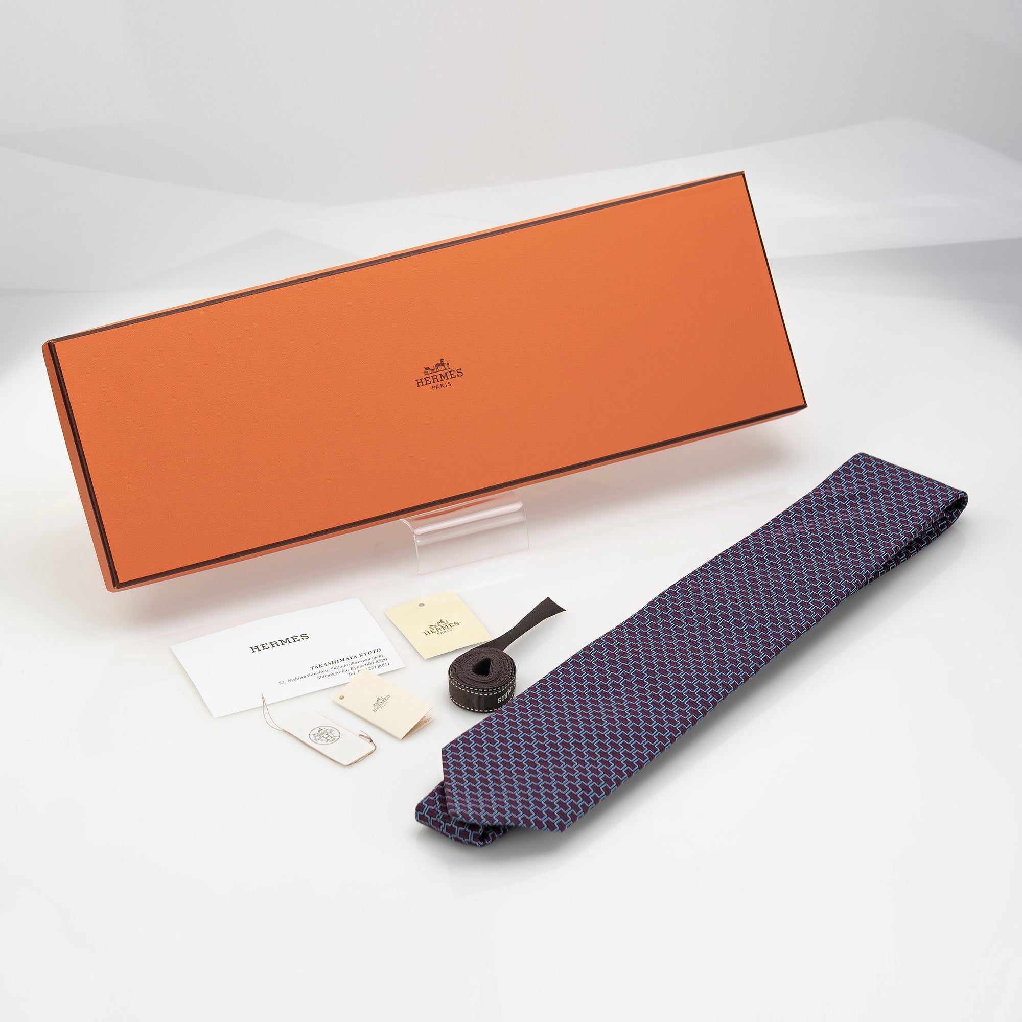 Hermes tie, H motif-inspired geometric pattern, 100% silk, navy x red, with box.