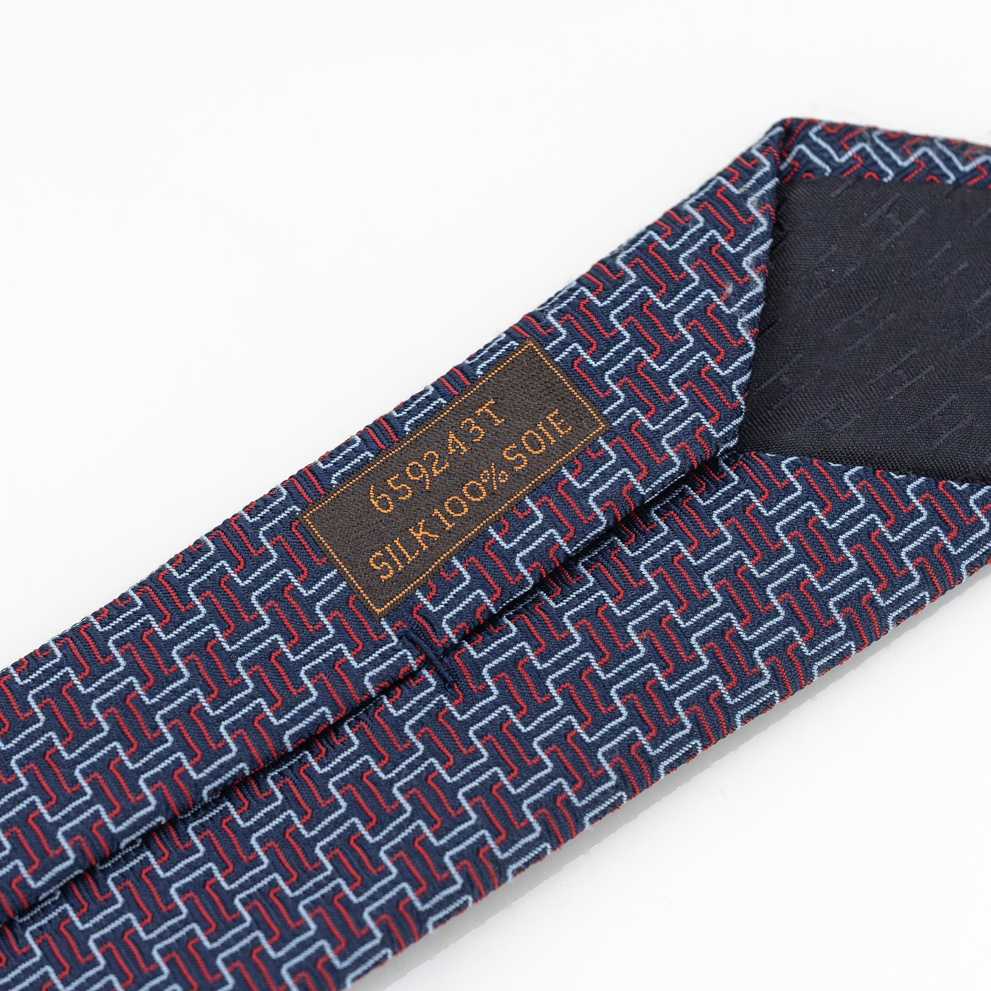 Hermes tie, H motif-inspired geometric pattern, 100% silk, navy x red, with box.