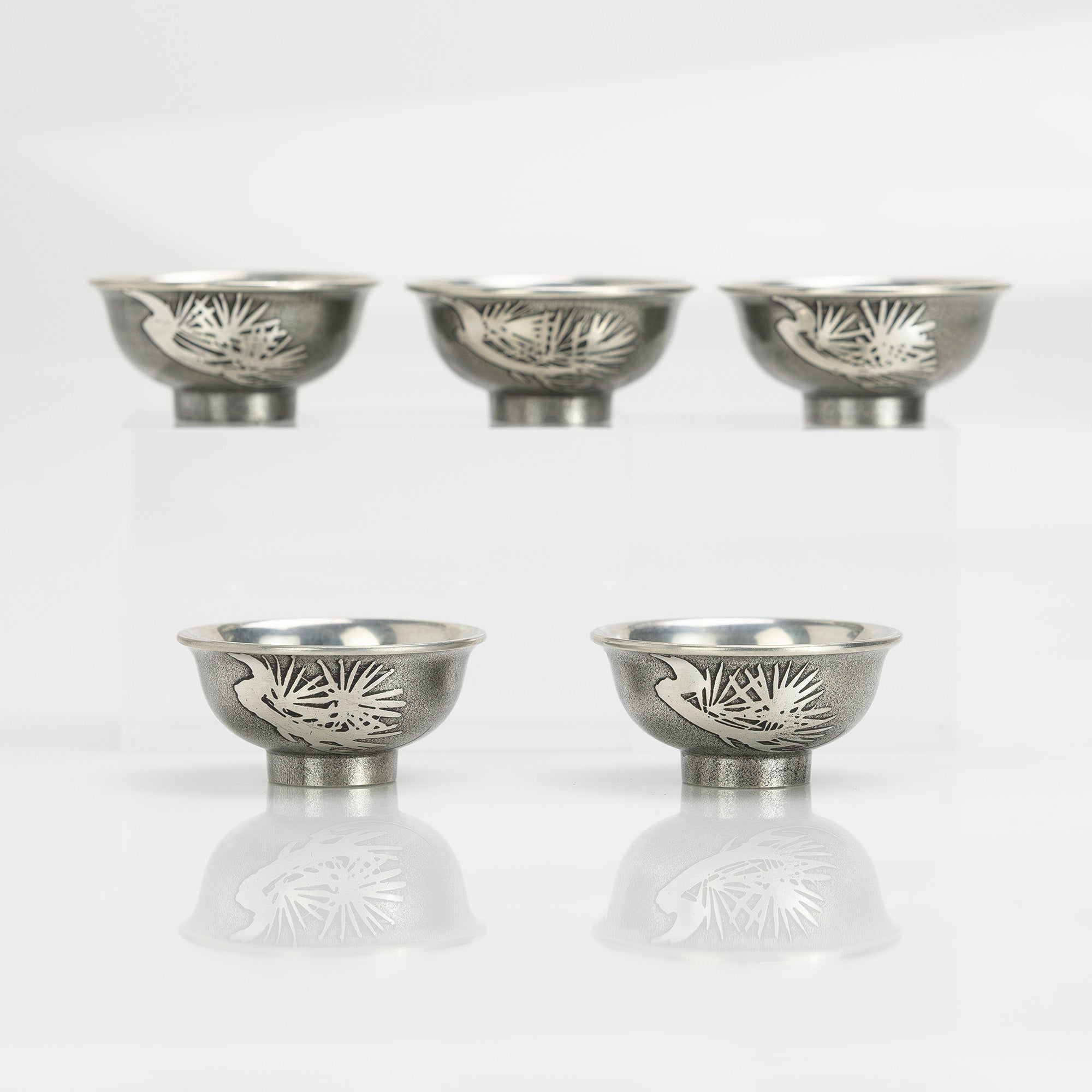 錫製 松文様 酒燗器揃 本錫刻印あり 共箱付 ちろり 徳利 盃 湯冷まし鉢 高級錫器 木箱入り 日本製 伝統工芸