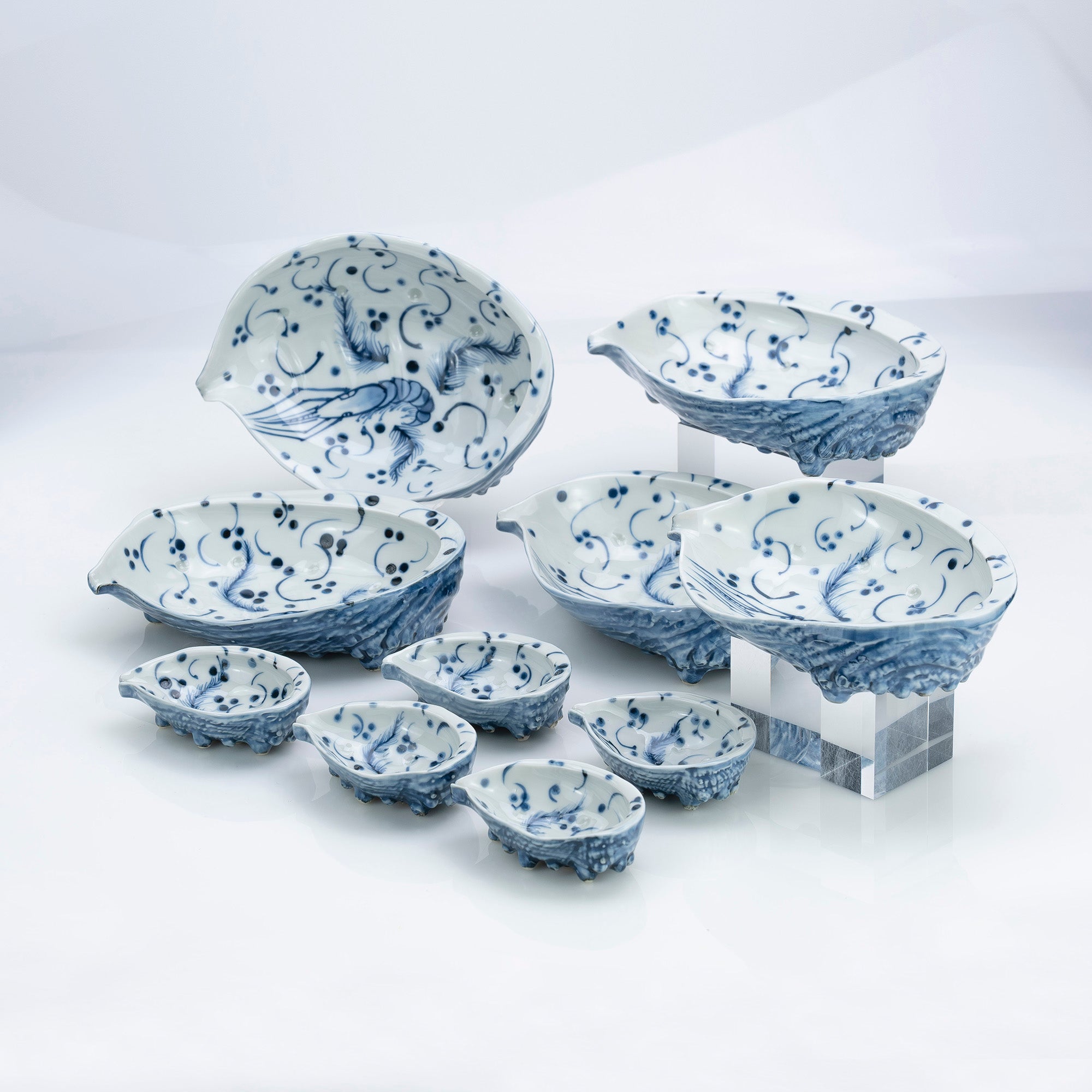 平安 加藤利昌 作 京焼 染付 荒磯文 刺身鉢&醤油皿 5組セット 共箱付 器貝式 和食器 日本製 伝統工芸 清水焼